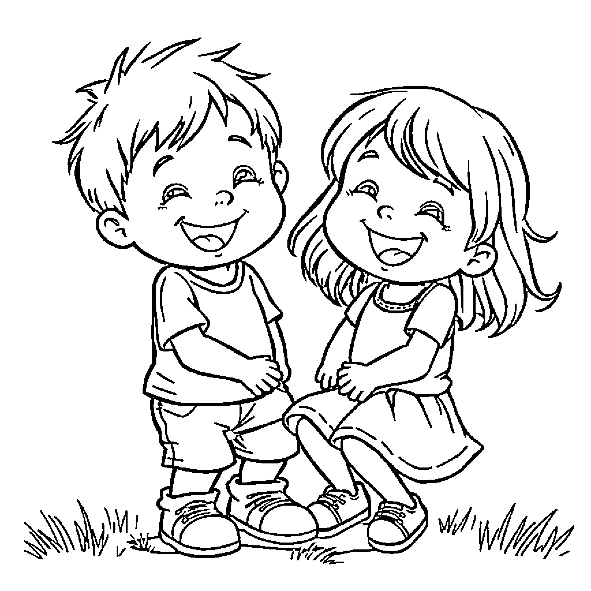 Little Playful Friends Coloring Page (free black-and-white line drawing printable PDF for all, from beginners to advanced learners, including children, teens, adults, and seniors)
