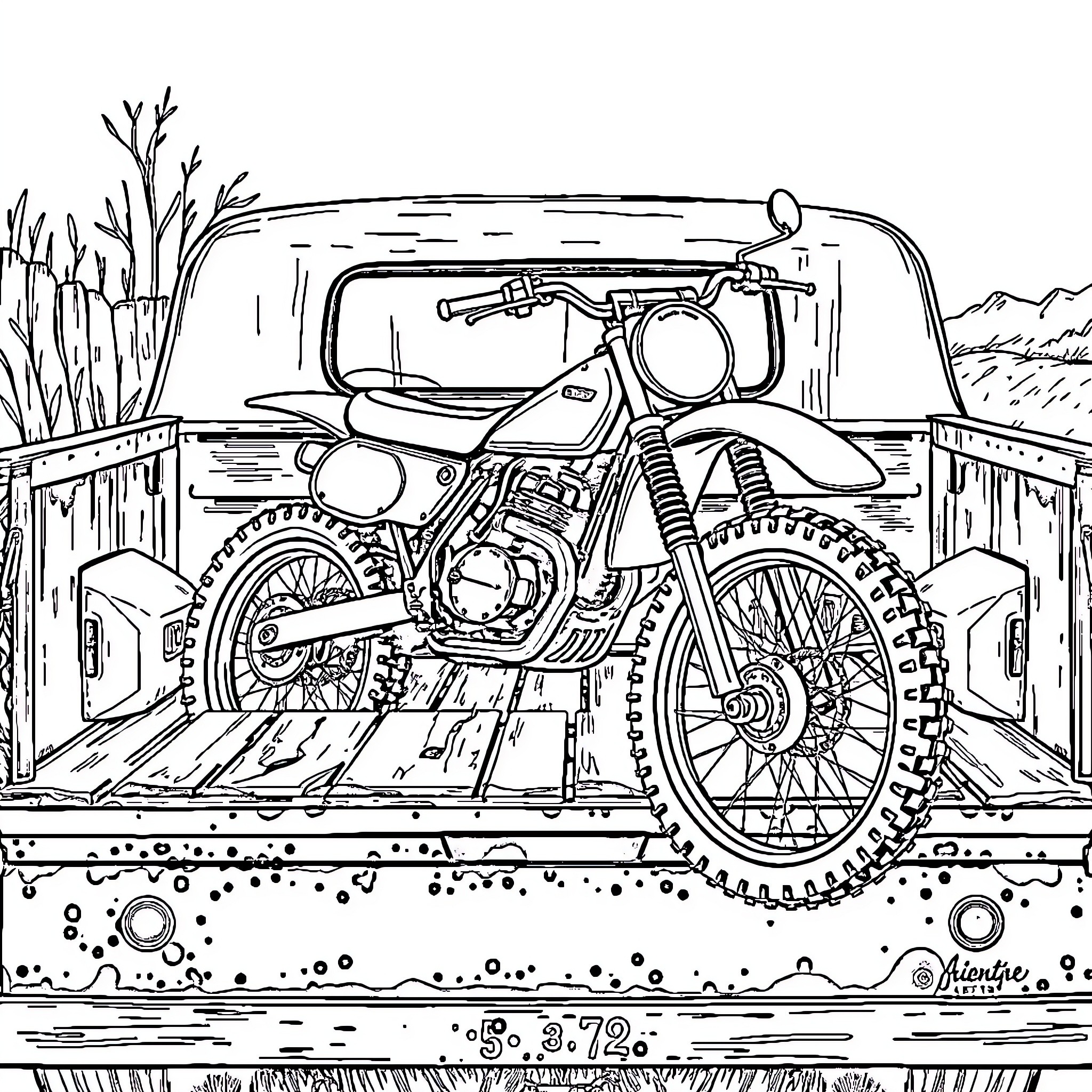 Dirt Bike Loaded in the Back of a Truck Coloring Page (free black-and-white line drawing printable PDF for all, from beginners to advanced learners, including children, teens, adults, and seniors)