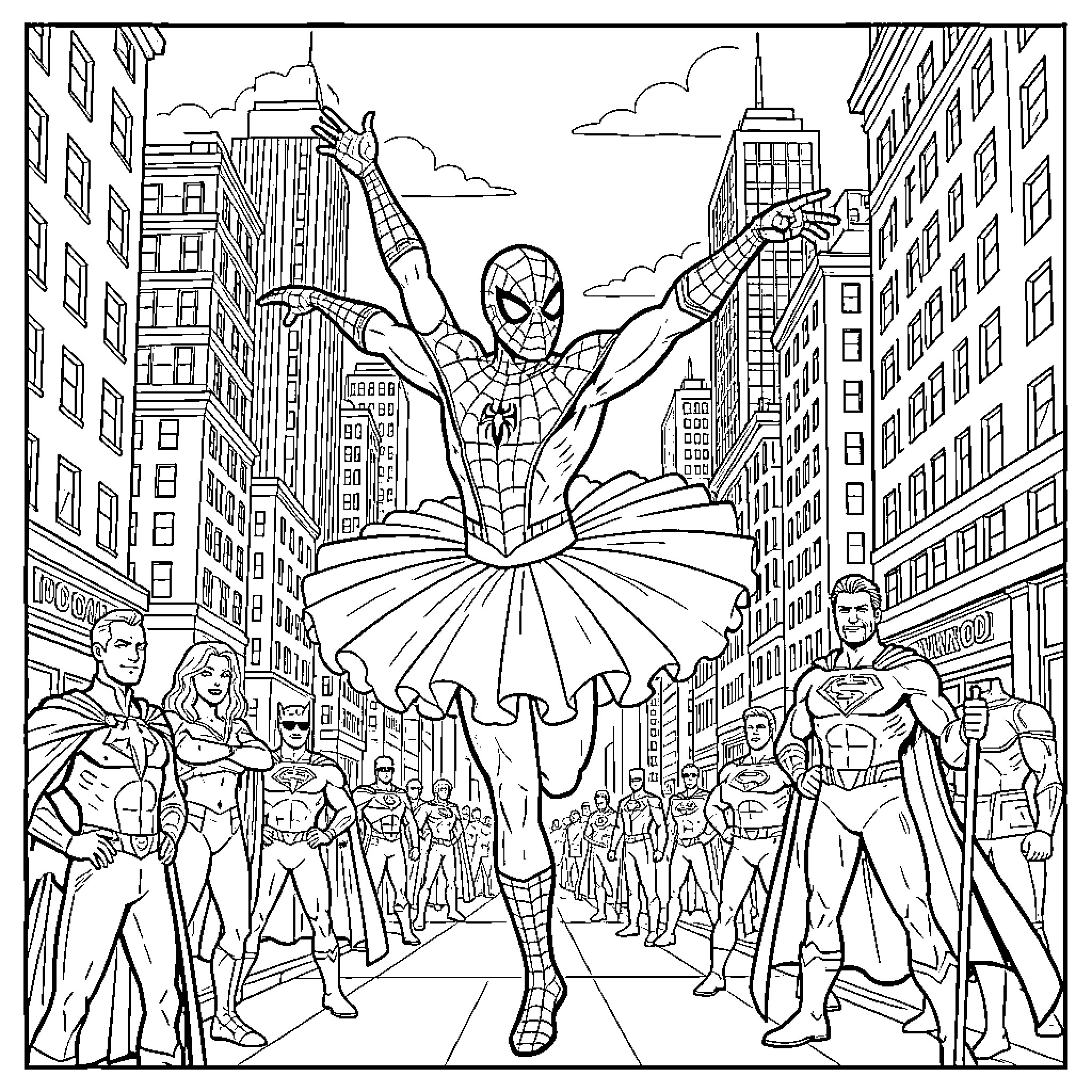 Spiderman's heroic dance in the city streets Coloring Page (free black-and-white line drawing printable PDF for all, from beginners to advanced learners, including children, teens, adults, and seniors)