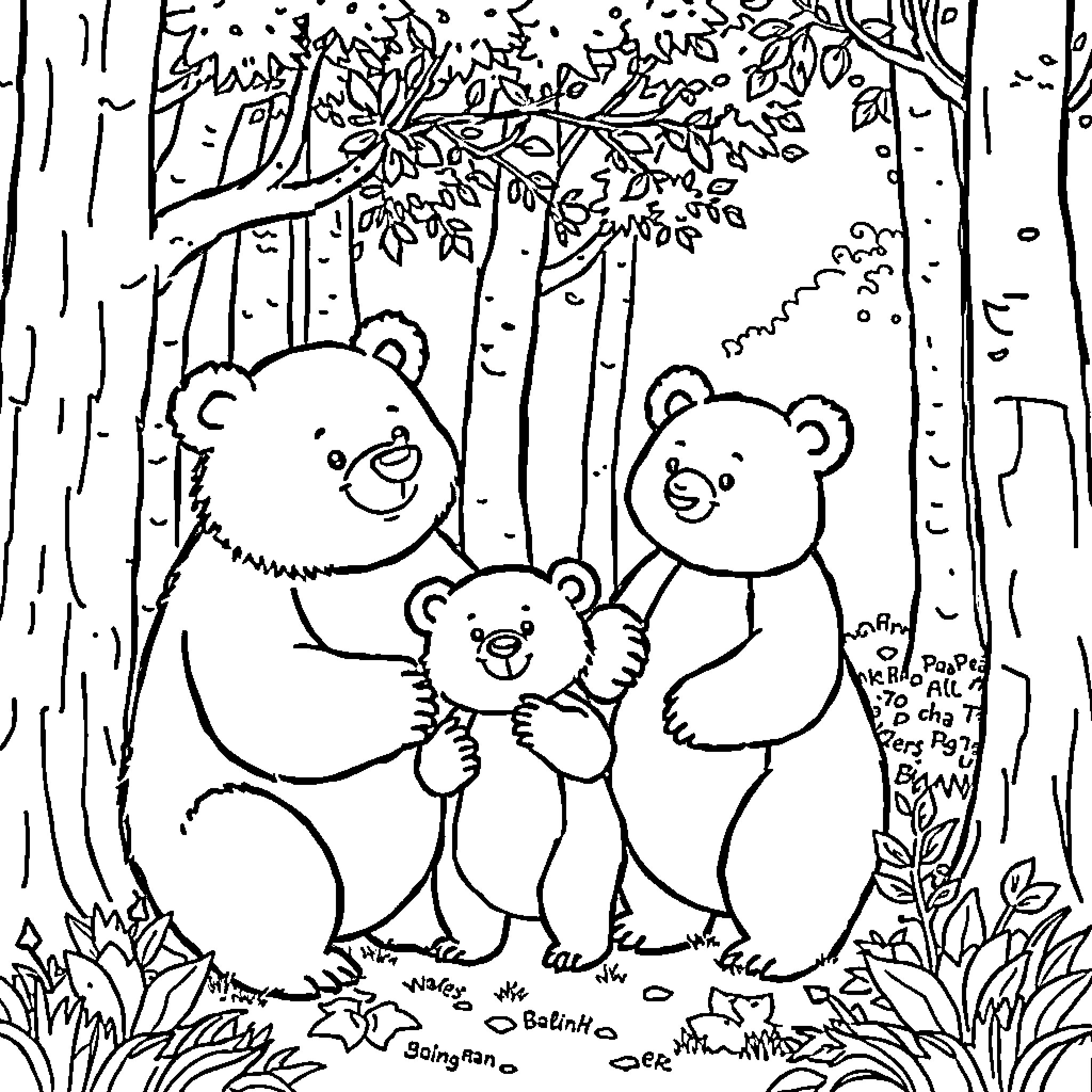 Bear family in the forest Coloring Page (free black-and-white line drawing printable PDF for all, from beginners to advanced learners, including children, teens, adults, and seniors)