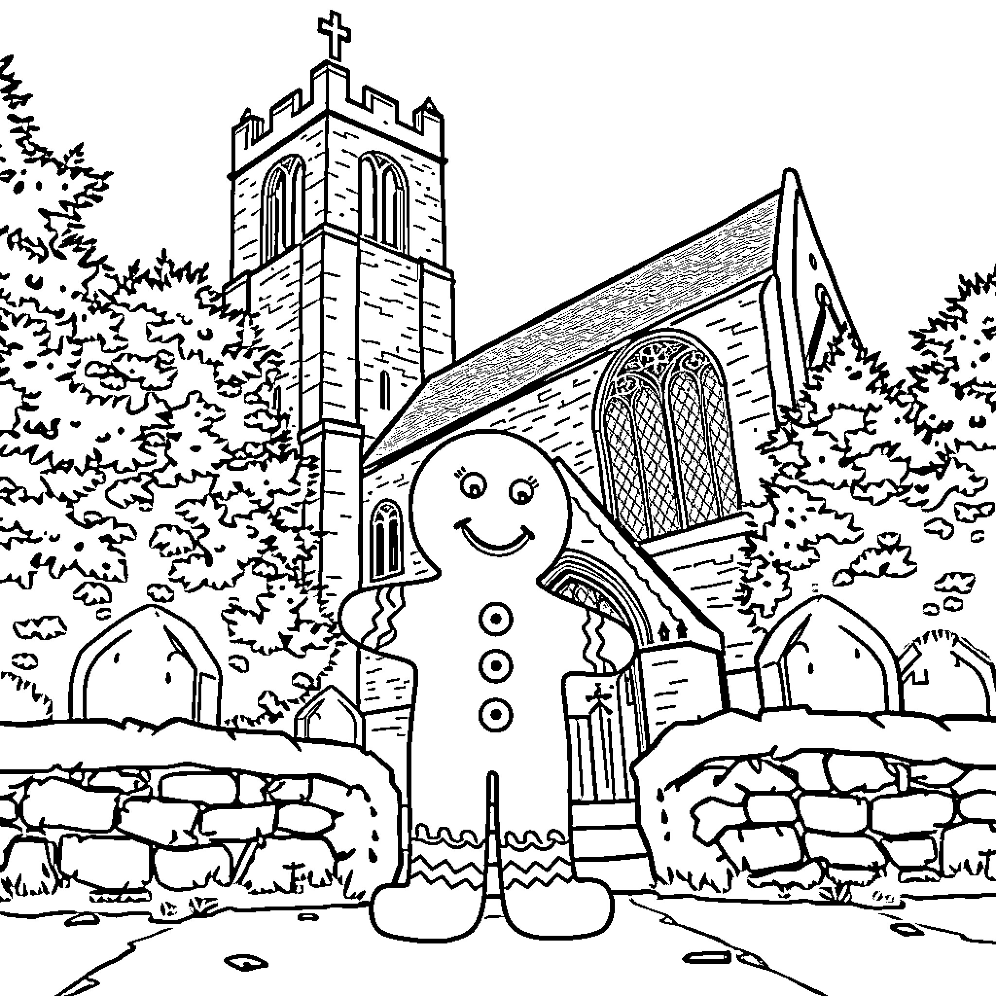 Gingerbread Man walking towards a church Coloring Page (free black-and-white line drawing printable PDF for all, from beginners to advanced learners, including children, teens, adults, and seniors)
