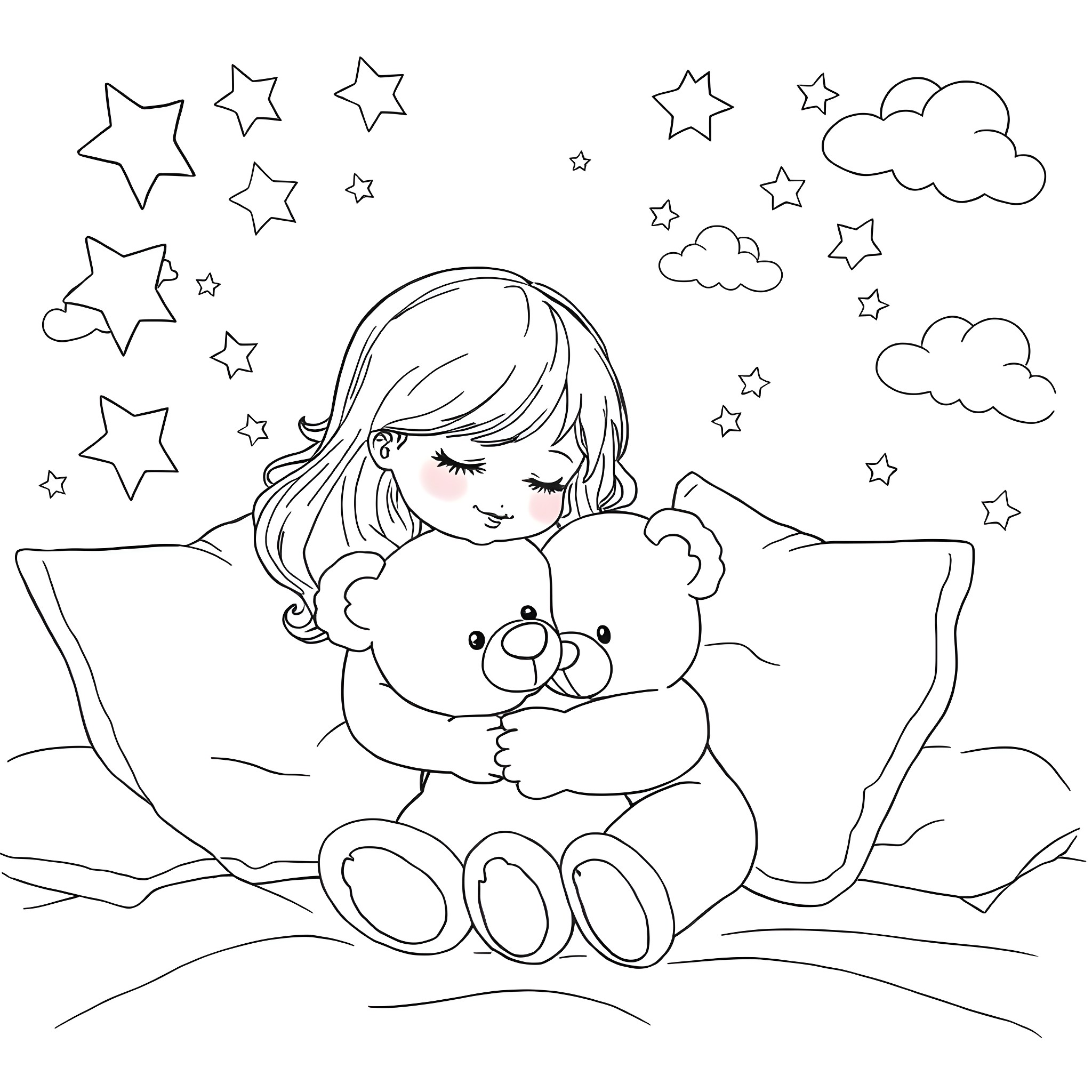 Teddy Bear Comforts Girl Amidst Twinkling Stars Coloring Page (free black-and-white line drawing printable PDF for all, from beginners to advanced learners, including children, teens, adults, and seniors)