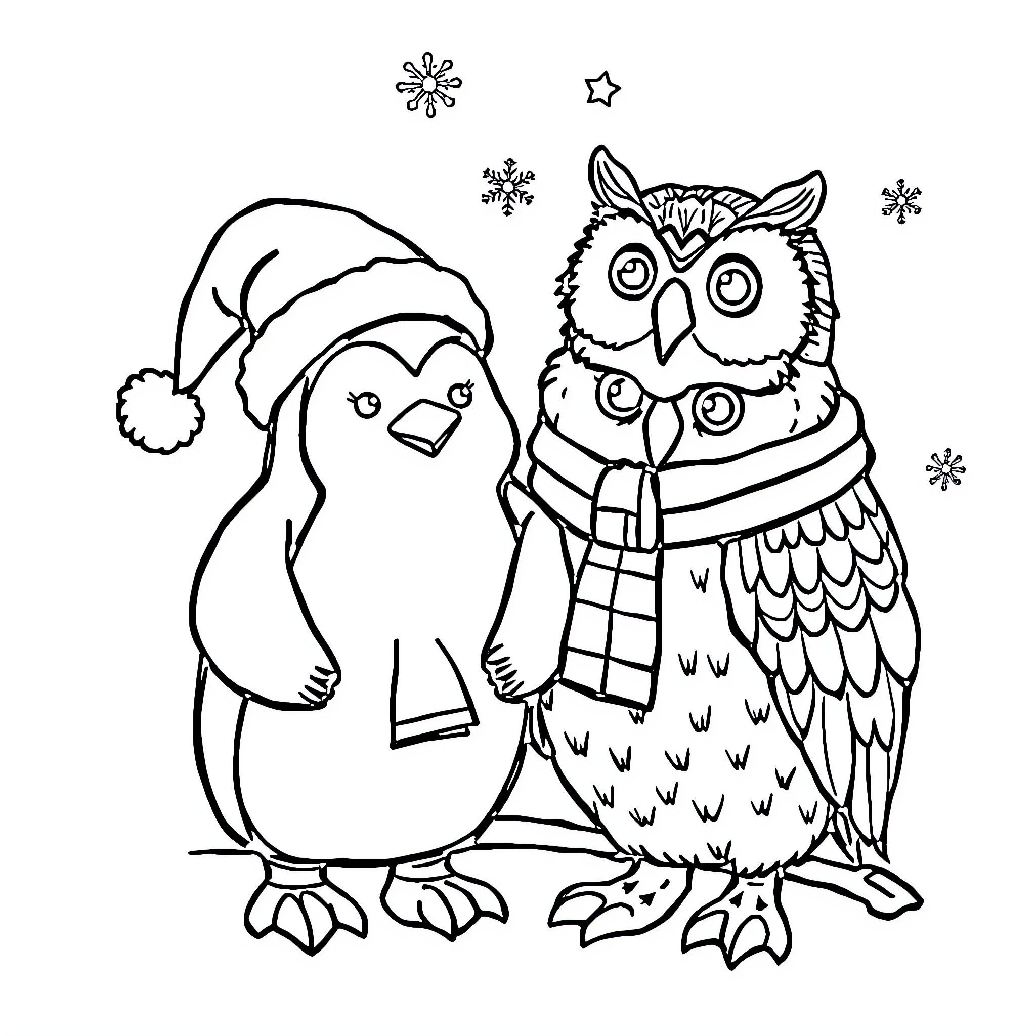 Penguin and Owl in Winter Attire Coloring Page (free black-and-white line drawing printable PDF for all, from beginners to advanced learners, including children, teens, adults, and seniors)