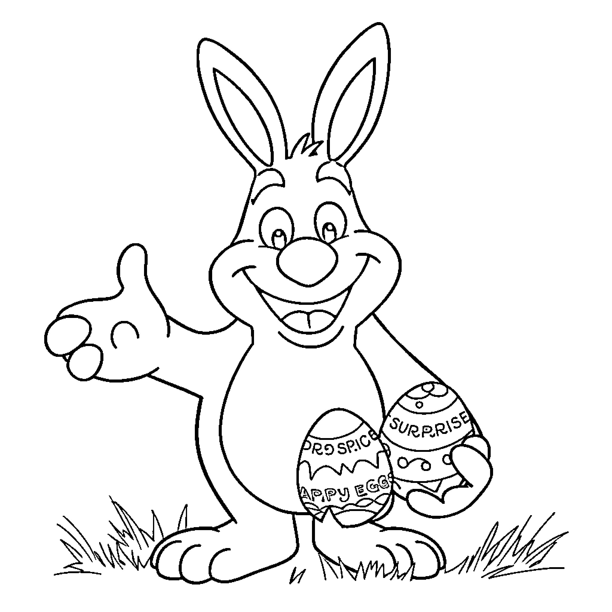 Egg-citing Bunny with Easter Eggs Coloring Page (free black-and-white line drawing printable PDF for all, from beginners to advanced learners, including children, teens, adults, and seniors)
