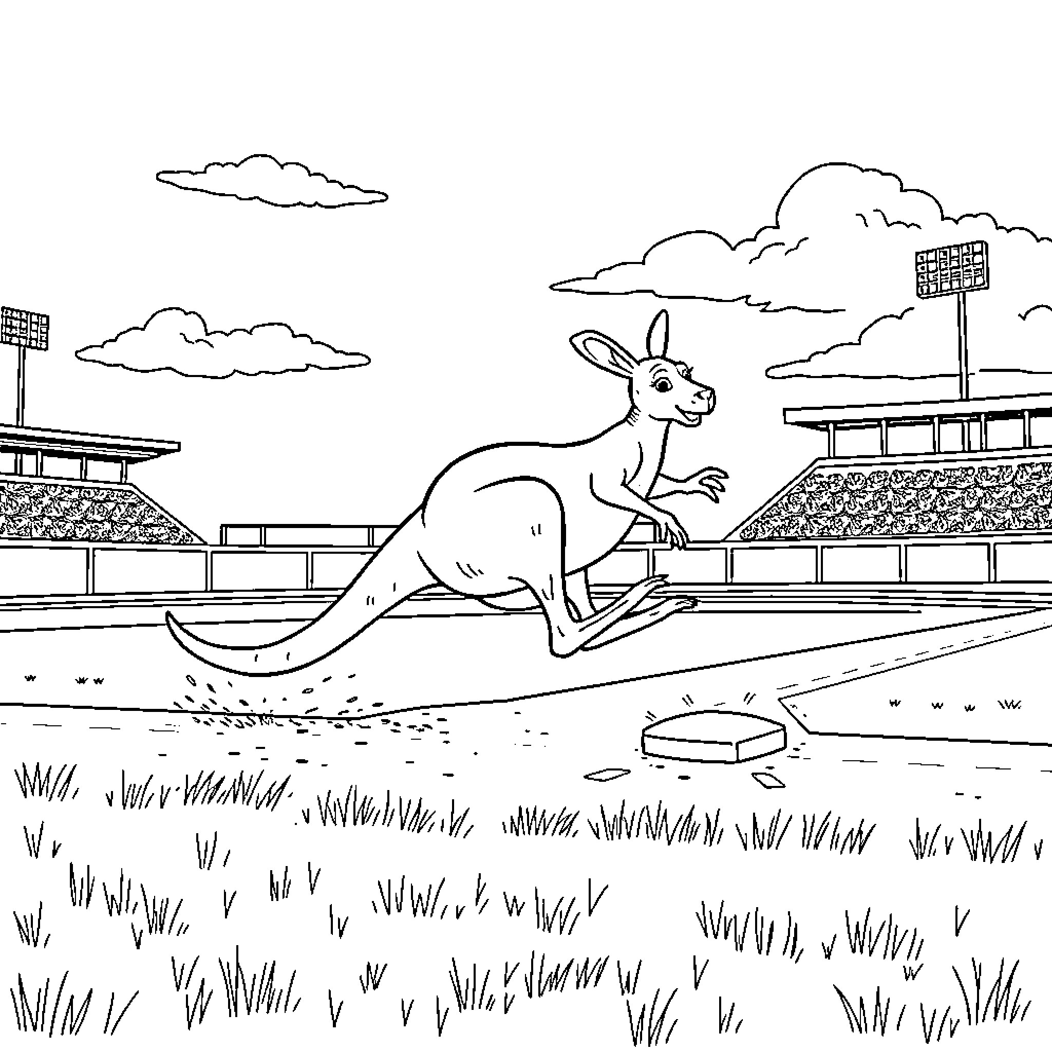 Kangaroo running on a sports field Coloring Page (free black-and-white line drawing printable PDF for all, from beginners to advanced learners, including children, teens, adults, and seniors)