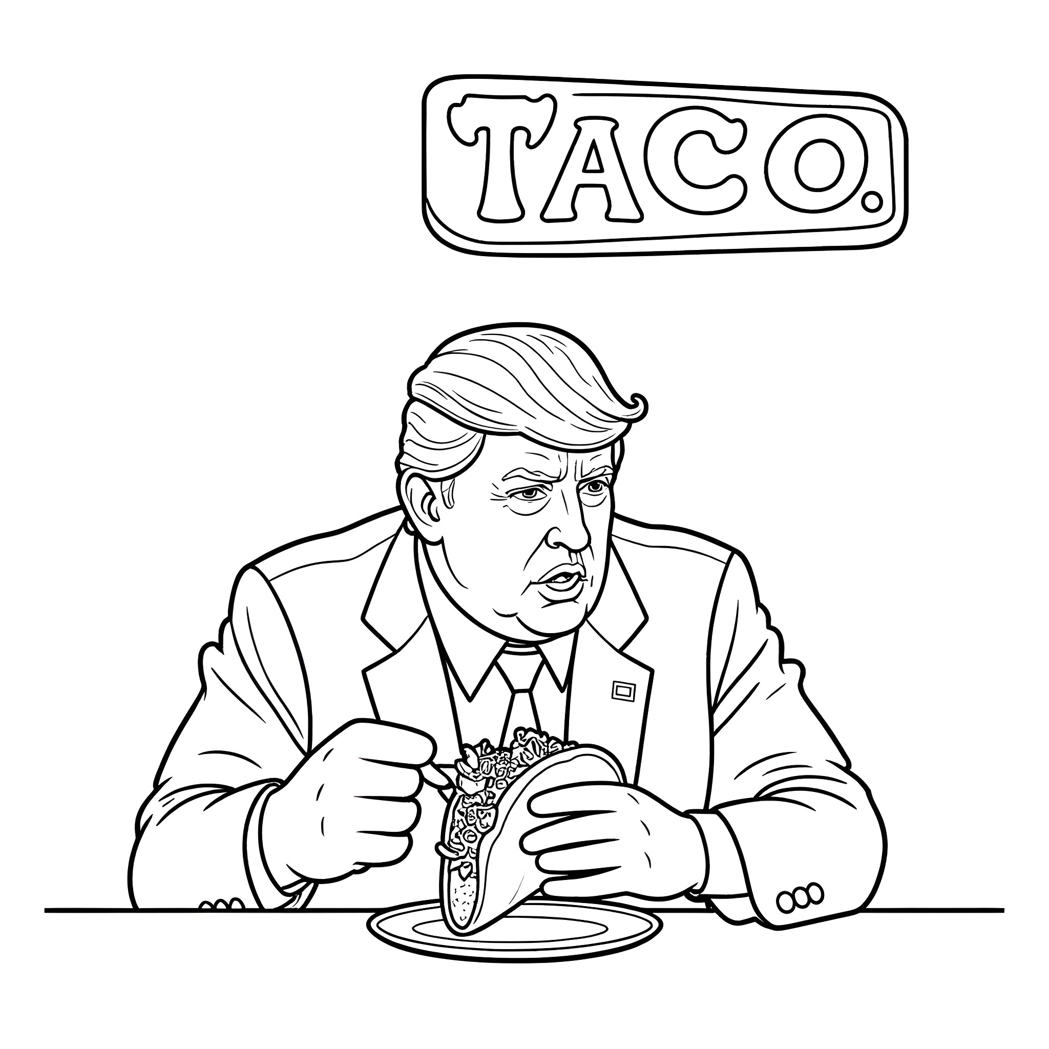 Donald Trump enjoying a taco while wearing a suit Coloring Page (free black-and-white line drawing printable PDF for all, from beginners to advanced learners, including children, teens, adults, and seniors)