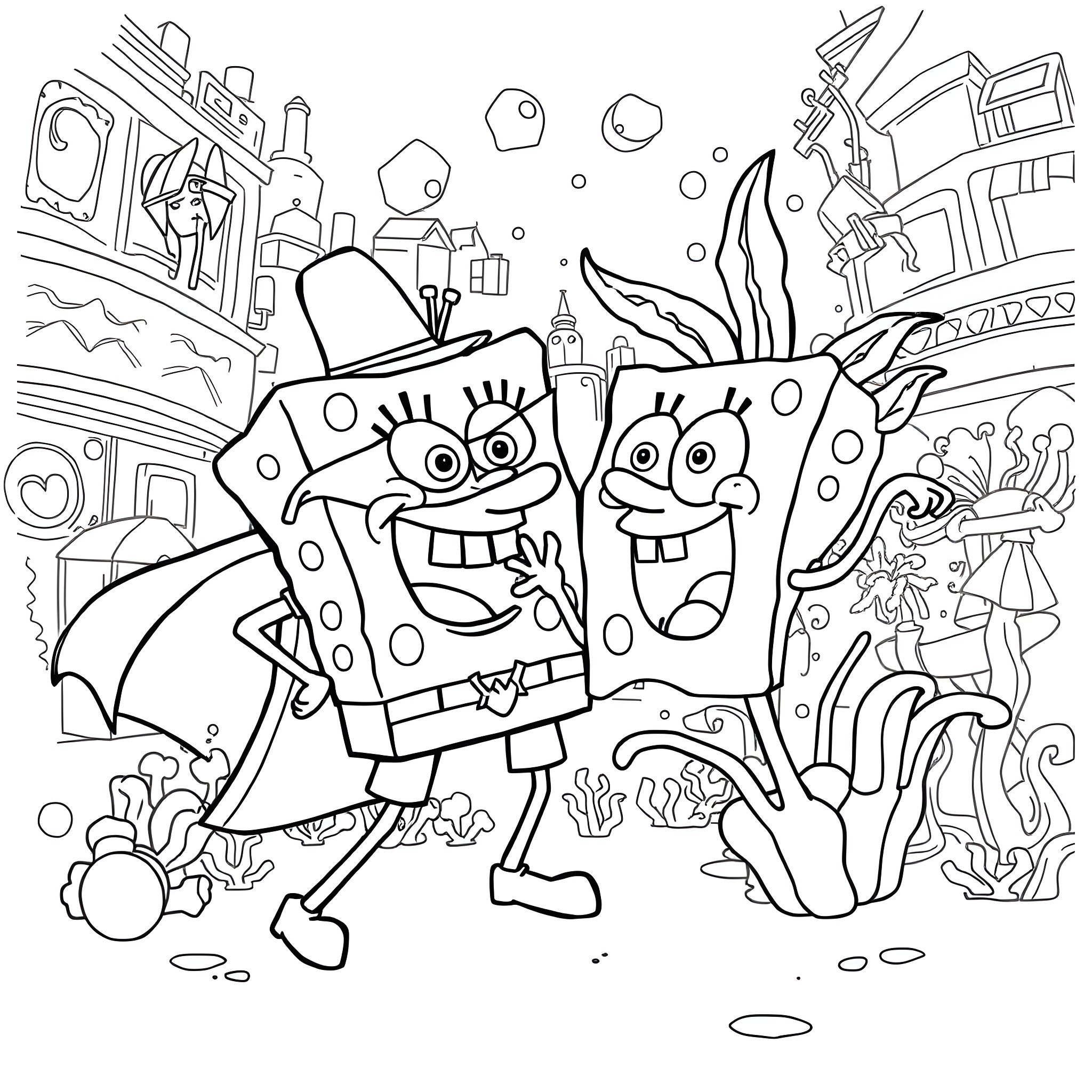 Spongebob and Patrick in an underwater adventure Coloring Page (free black-and-white line drawing printable PDF for all, from beginners to advanced learners, including children, teens, adults, and seniors)