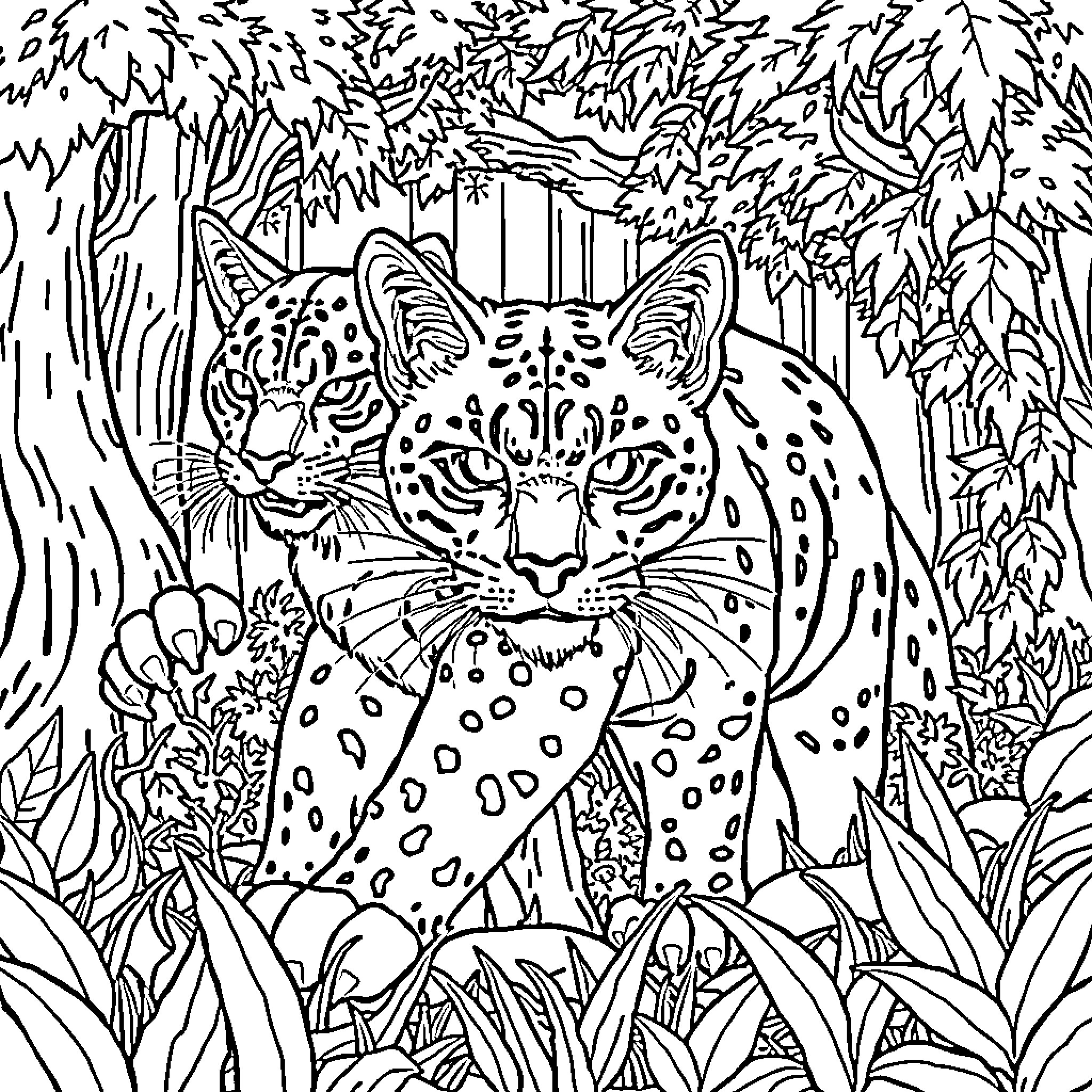 Cat in Jungle Habitat Coloring Page (free black-and-white line drawing printable PDF for all, from beginners to advanced learners, including children, teens, adults, and seniors)