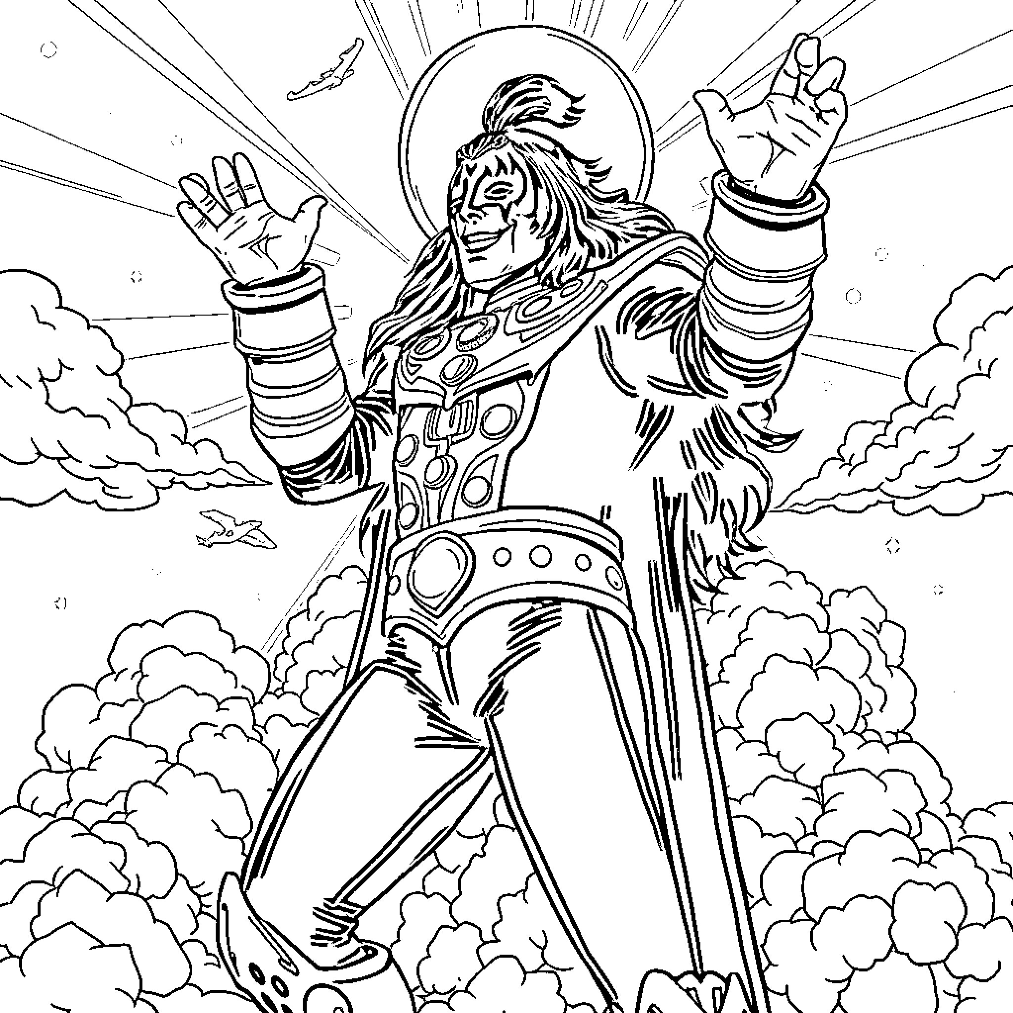 Ace Frehley's Cosmic Power Pose Coloring Page (free black-and-white line drawing printable PDF for all, from beginners to advanced learners, including children, teens, adults, and seniors)