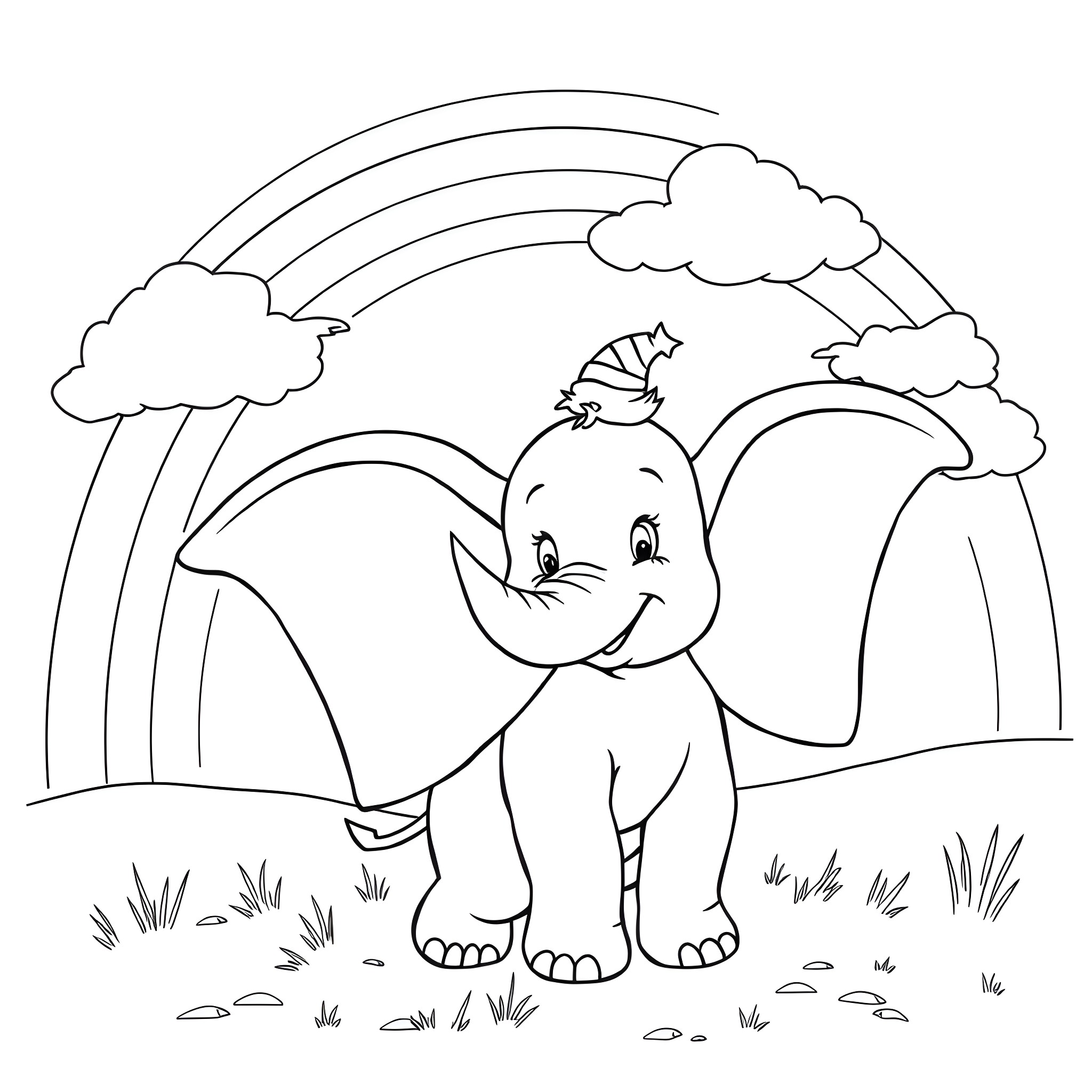 Dumbo the elephant exploring in nature with rainbow Coloring Page (free black-and-white line drawing printable PDF for all, from beginners to advanced learners, including children, teens, adults, and seniors)