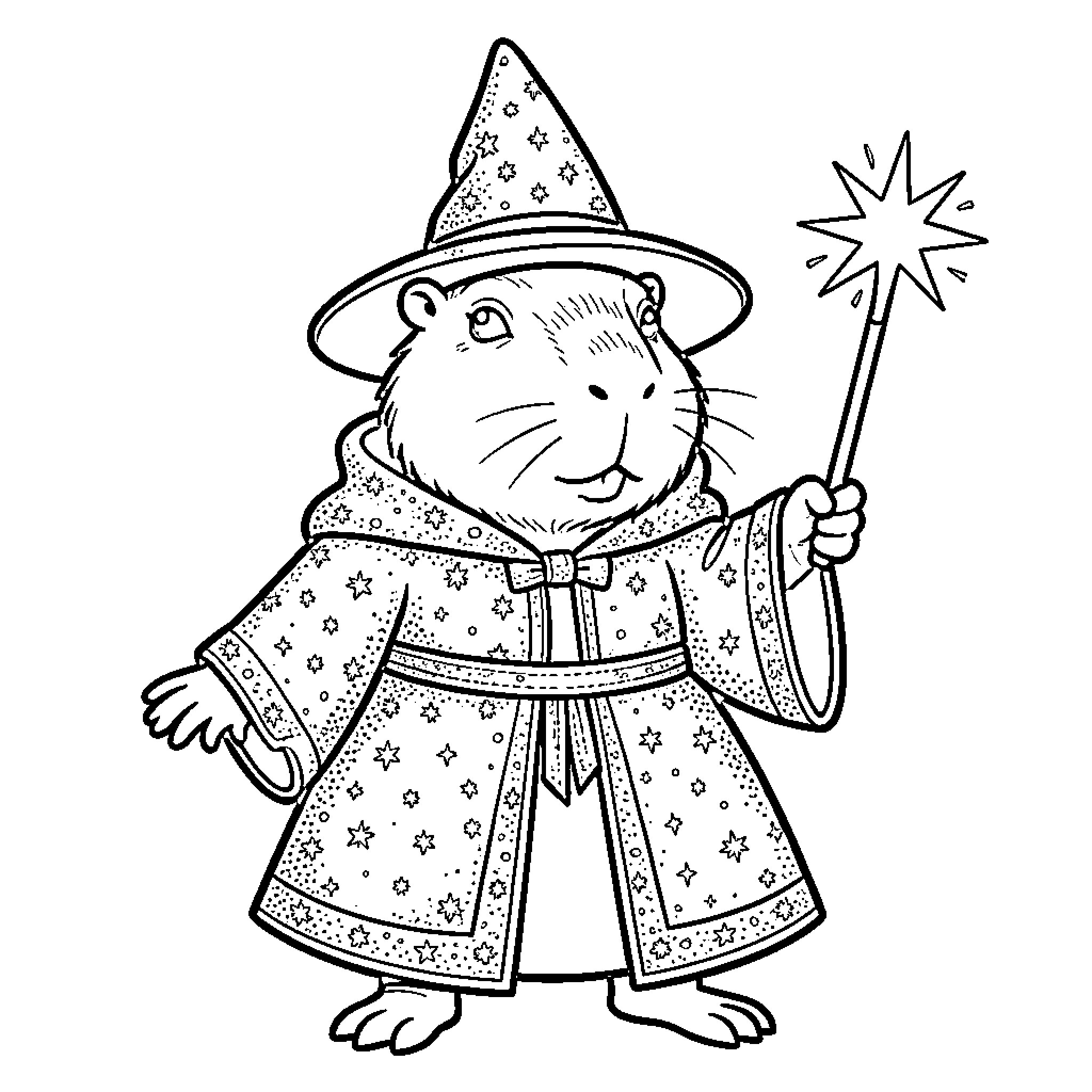 Capybara Wizard Casting Magical Spell Coloring Page (free black-and-white line drawing printable PDF for all, from beginners to advanced learners, including children, teens, adults, and seniors)