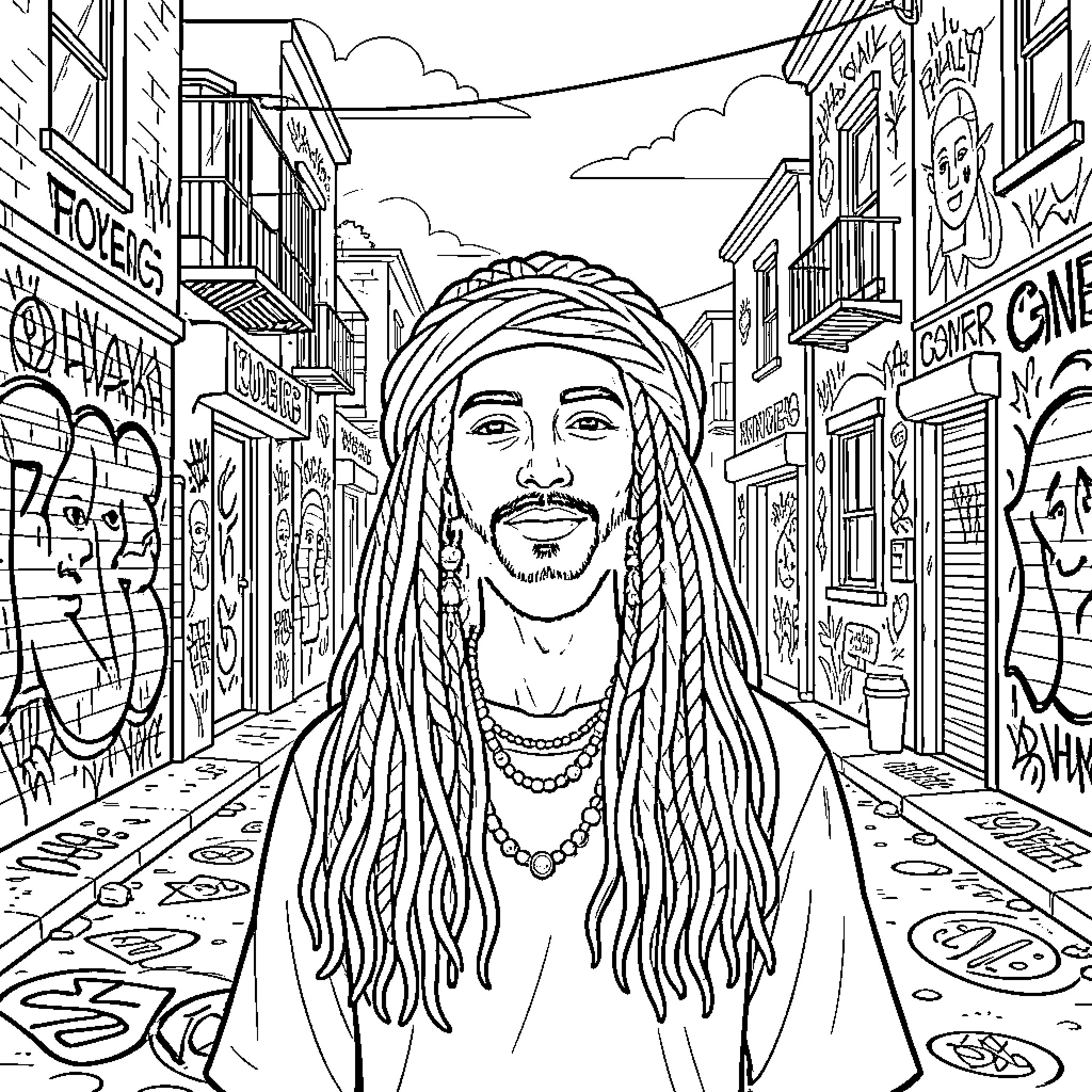Rasta man walks through graffiti-filled city street Coloring Page (free black-and-white line drawing printable PDF for all, from beginners to advanced learners, including children, teens, adults, and seniors)