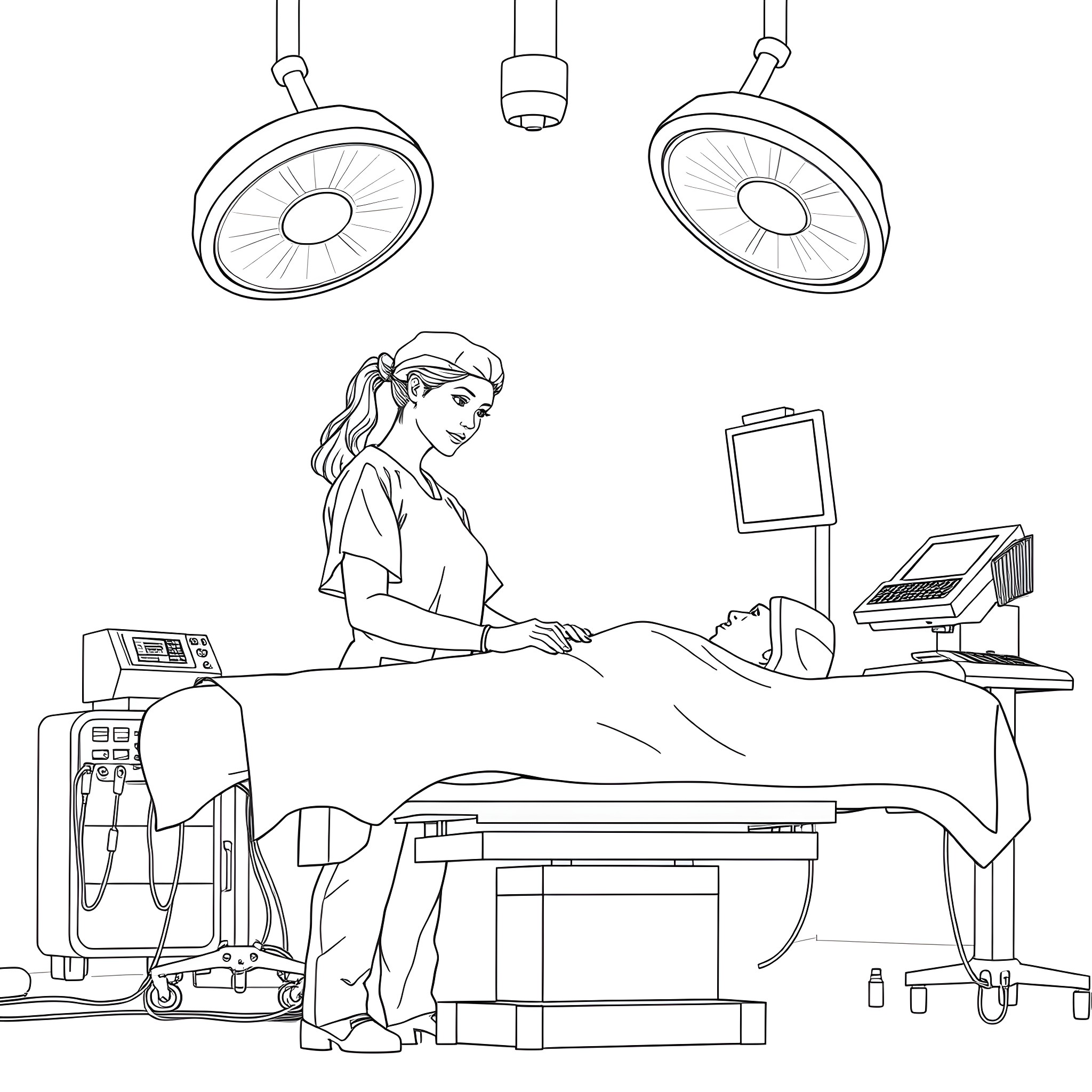 Mom performs medical procedure in hospital room Coloring Page (free black-and-white line drawing printable PDF for all, from beginners to advanced learners, including children, teens, adults, and seniors)
