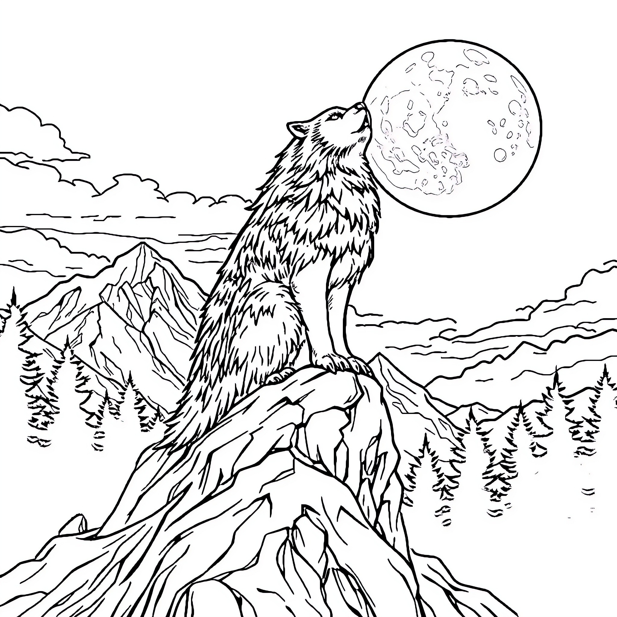 Loup howling at the majestic moon in the wilderness Coloring Page (free black-and-white line drawing printable PDF for all, from beginners to advanced learners, including children, teens, adults, and seniors)