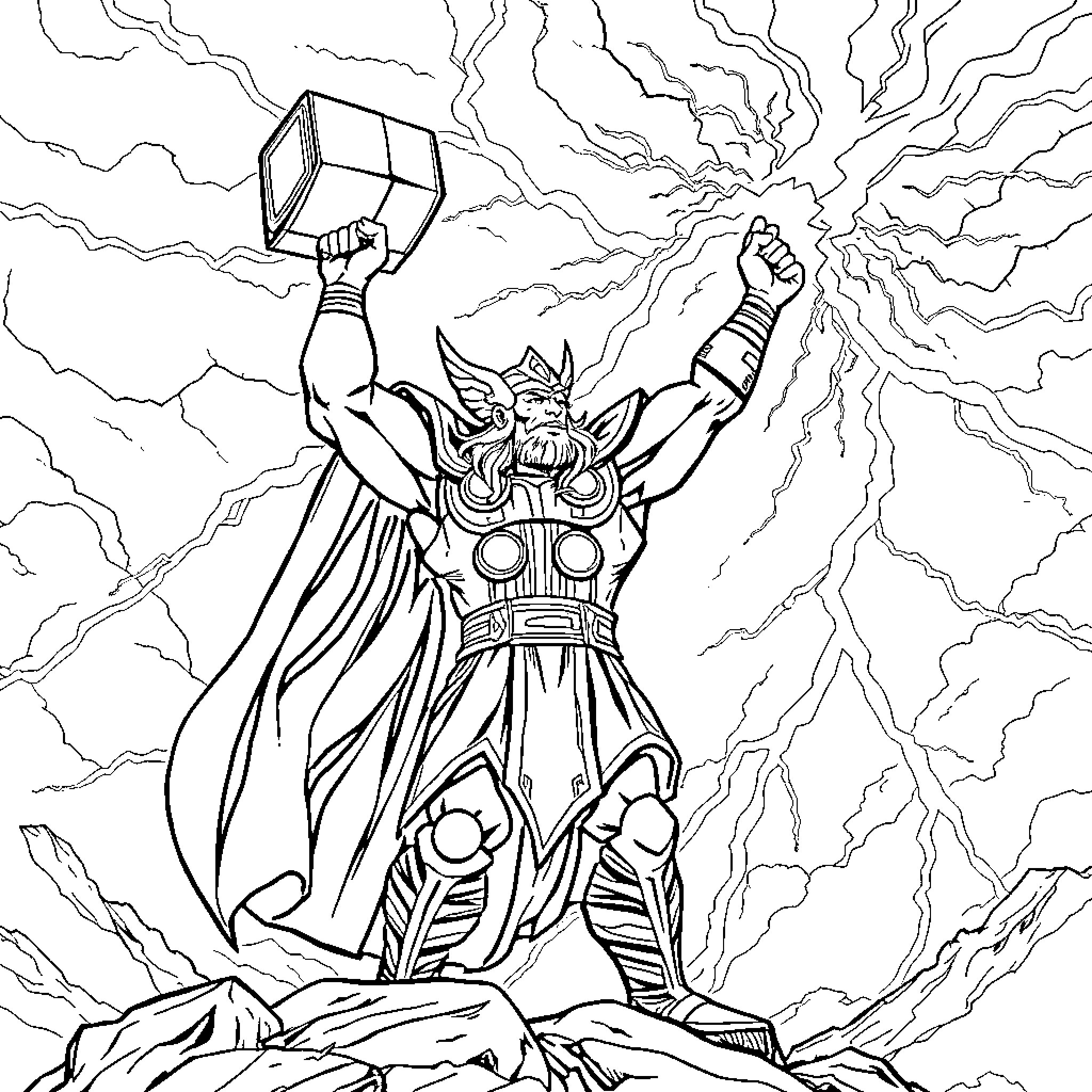 Thor wielding mighty Mjolnir hammer in thunderous battle Coloring Page (free black-and-white line drawing printable PDF for all, from beginners to advanced learners, including children, teens, adults, and seniors)