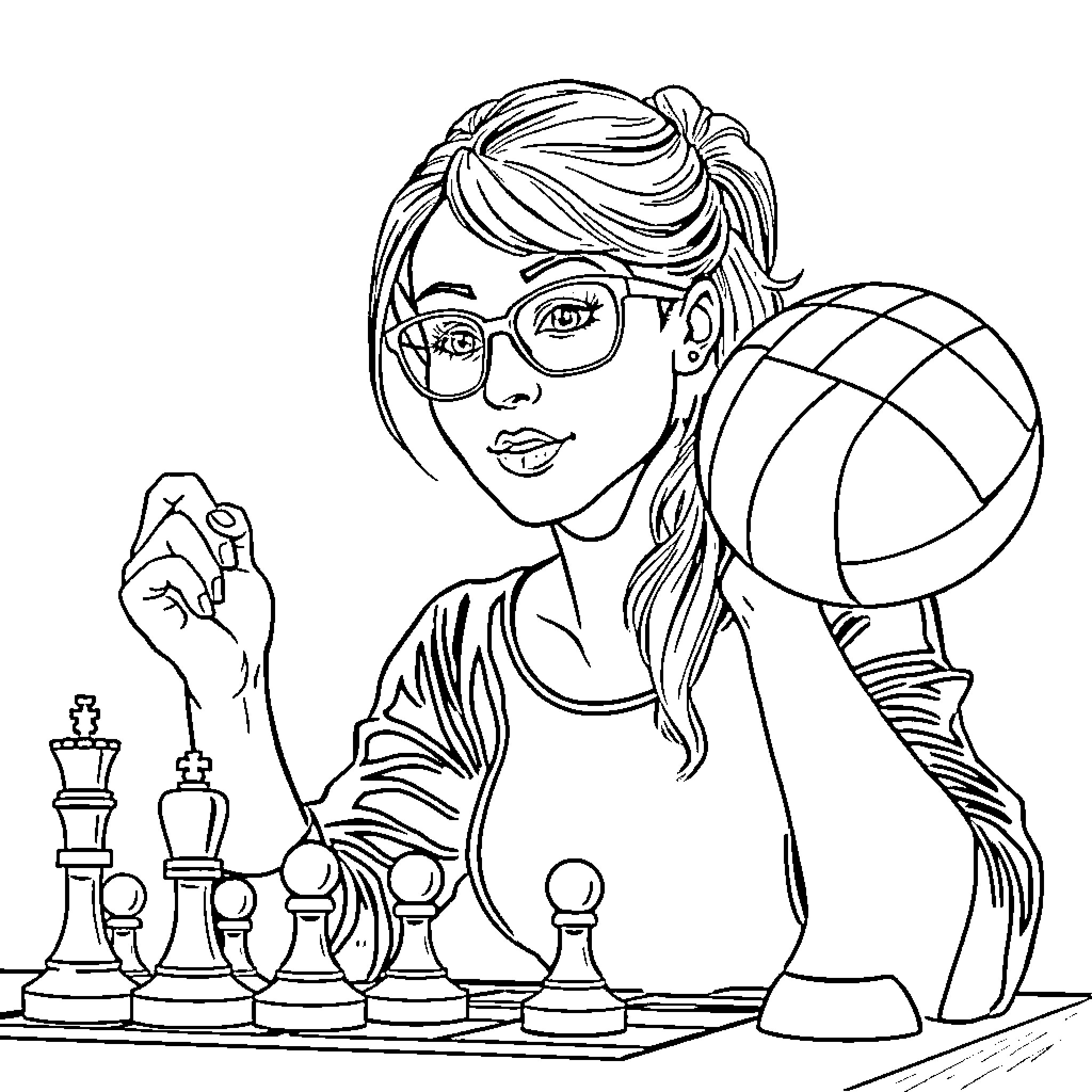 Wife playing chess enthusiastically with trophy Coloring Page (free black-and-white line drawing printable PDF for all, from beginners to advanced learners, including children, teens, adults, and seniors)