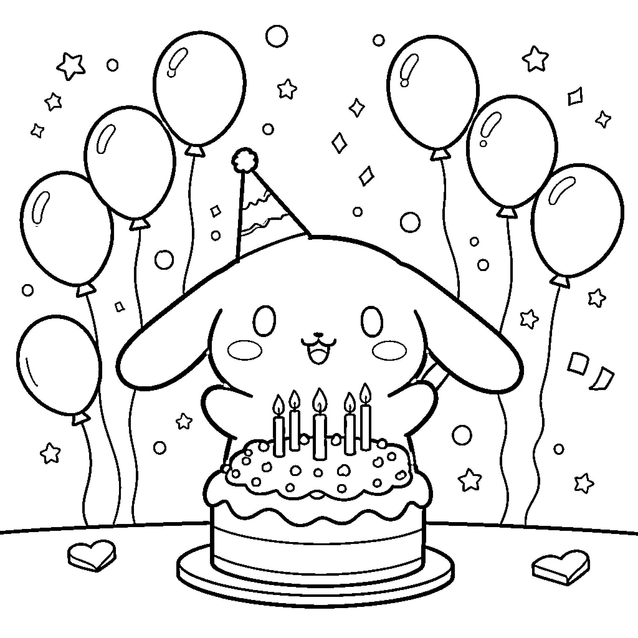 Cinnamoroll wearing a party hat with a birthday cake Coloring Page (free black-and-white line drawing printable PDF for all, from beginners to advanced learners, including children, teens, adults, and seniors)