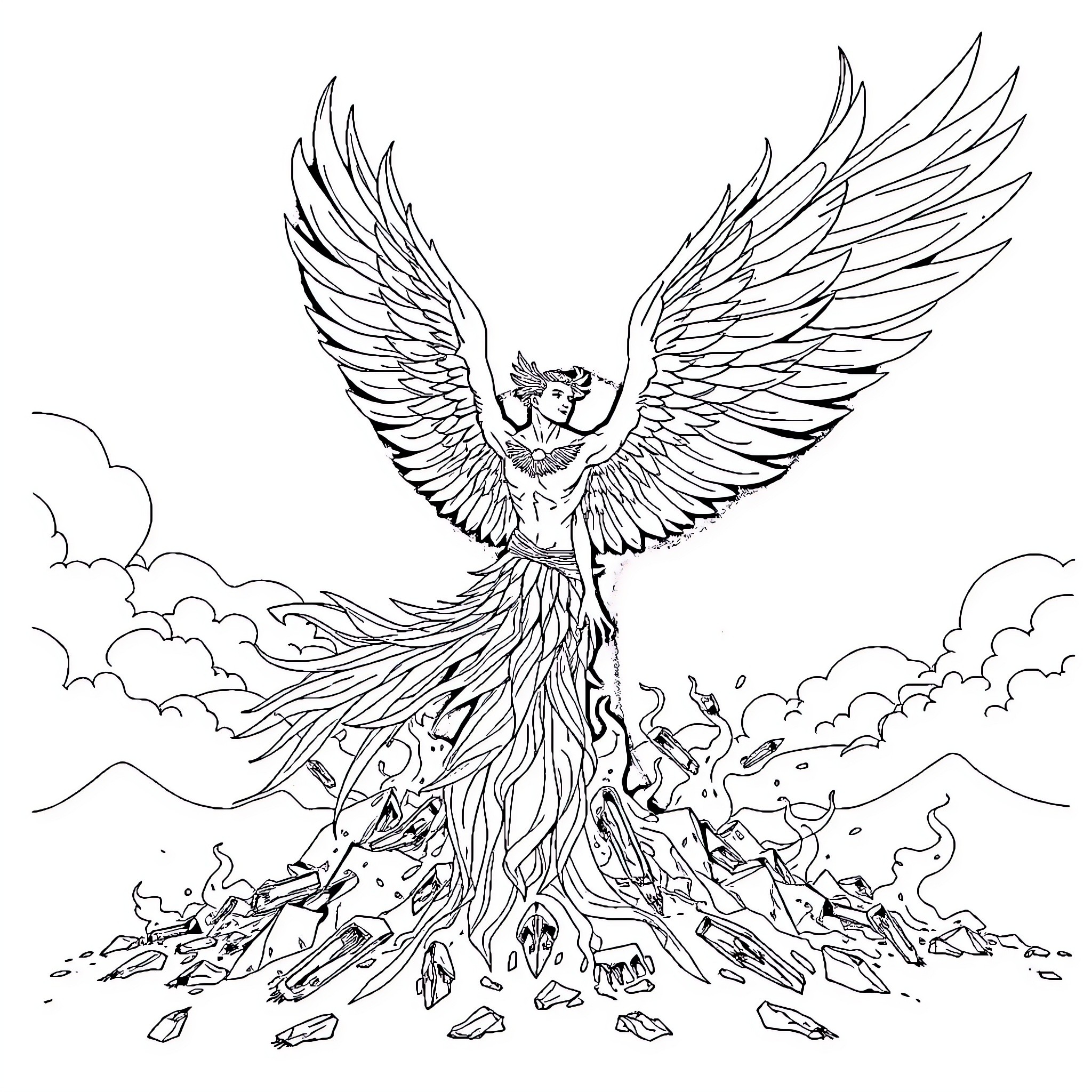 Phoenix rising from the ashes in a dramatic scene Coloring Page (free black-and-white line drawing printable PDF for all, from beginners to advanced learners, including children, teens, adults, and seniors)