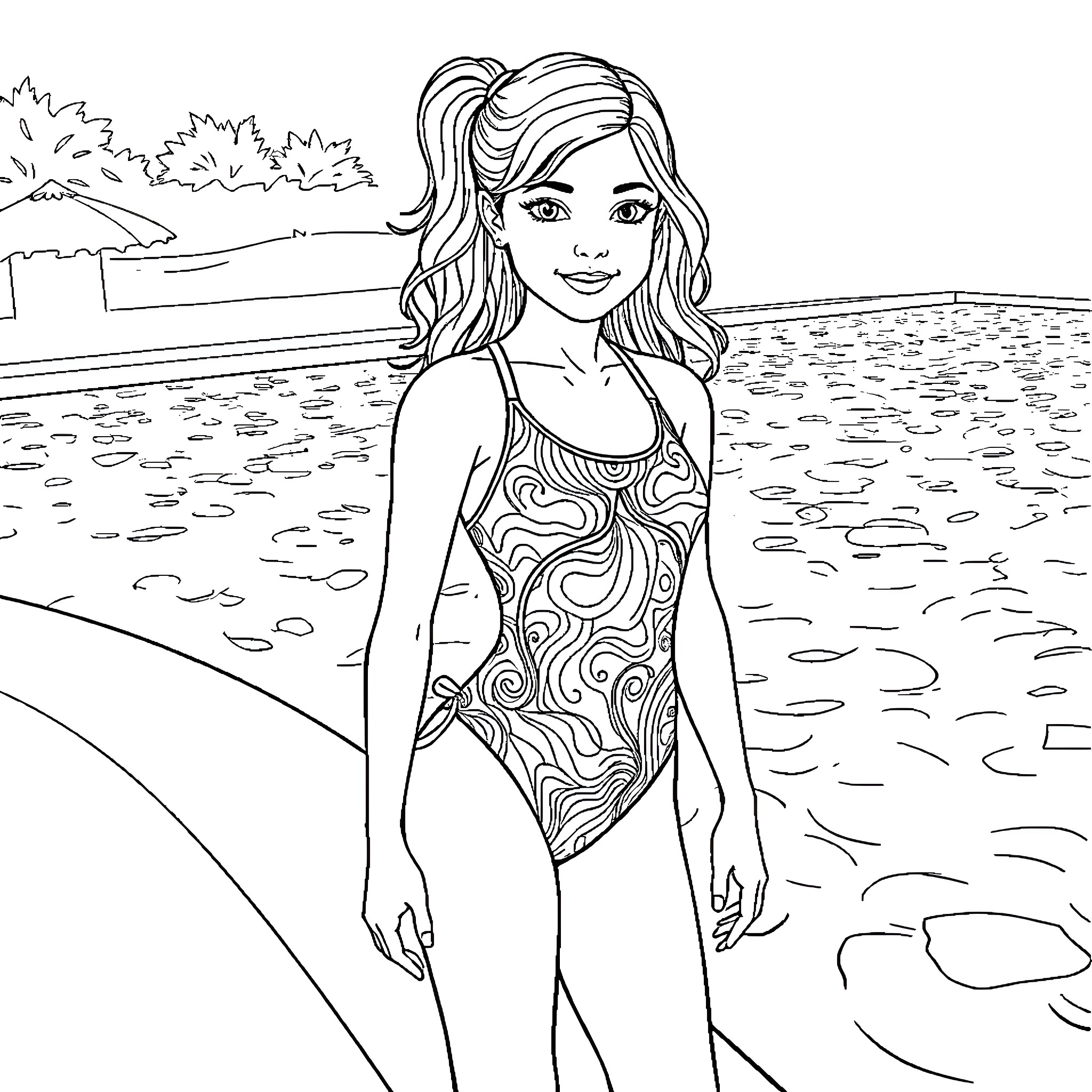 Girl enjoying a sunny day at the beach Coloring Page (free black-and-white line drawing printable PDF for all, from beginners to advanced learners, including children, teens, adults, and seniors)