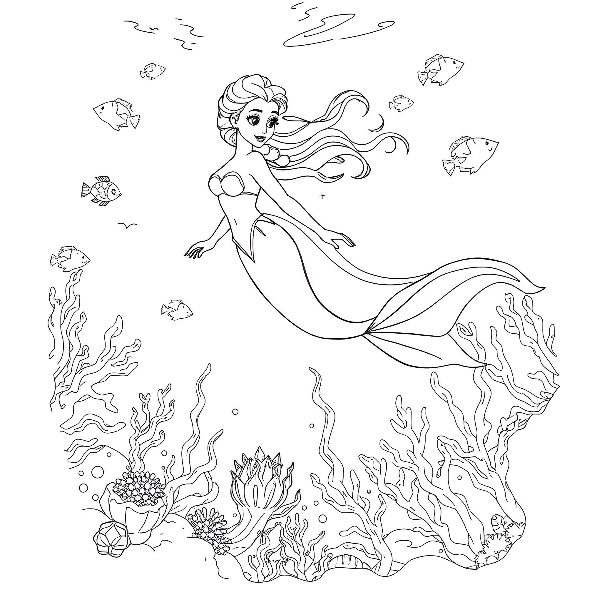 Mermaid swimming gracefully in the underwater world Coloring Page (free black-and-white line drawing printable PDF for all, from beginners to advanced learners, including children, teens, adults, and seniors)