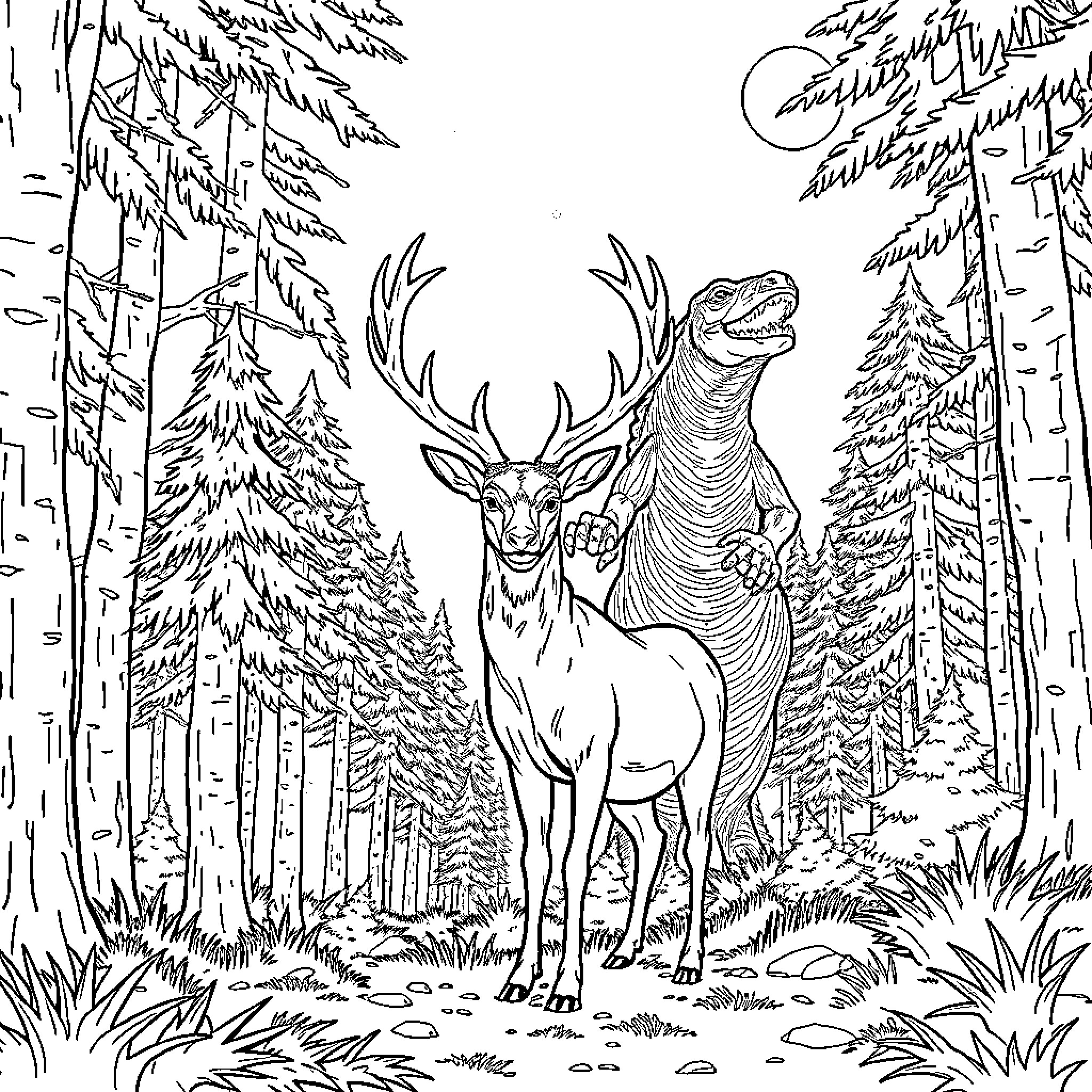 Deer and Tyrannosaurus Rex in the Forest Coloring Page (free black-and-white line drawing printable PDF for all, from beginners to advanced learners, including children, teens, adults, and seniors)