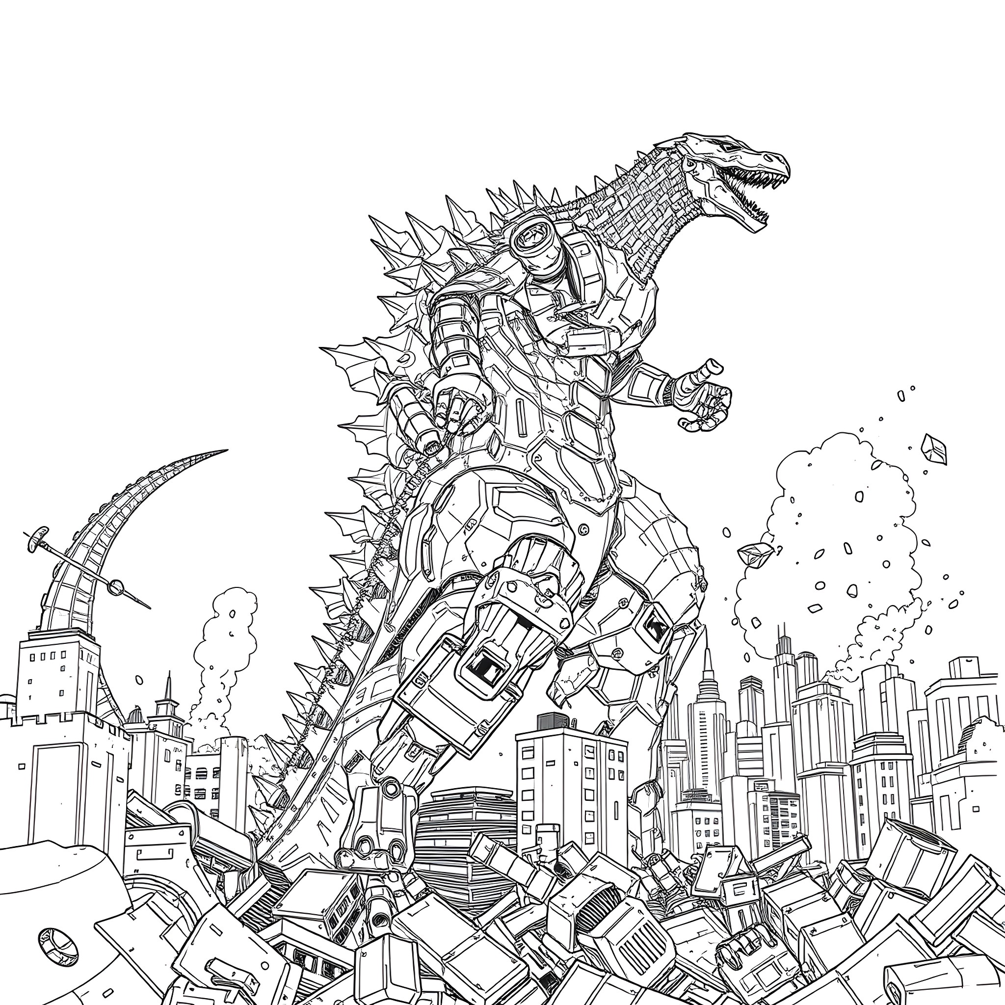 Mechagodzilla rampaging through a futuristic city Coloring Page (free black-and-white line drawing printable PDF for all, from beginners to advanced learners, including children, teens, adults, and seniors)