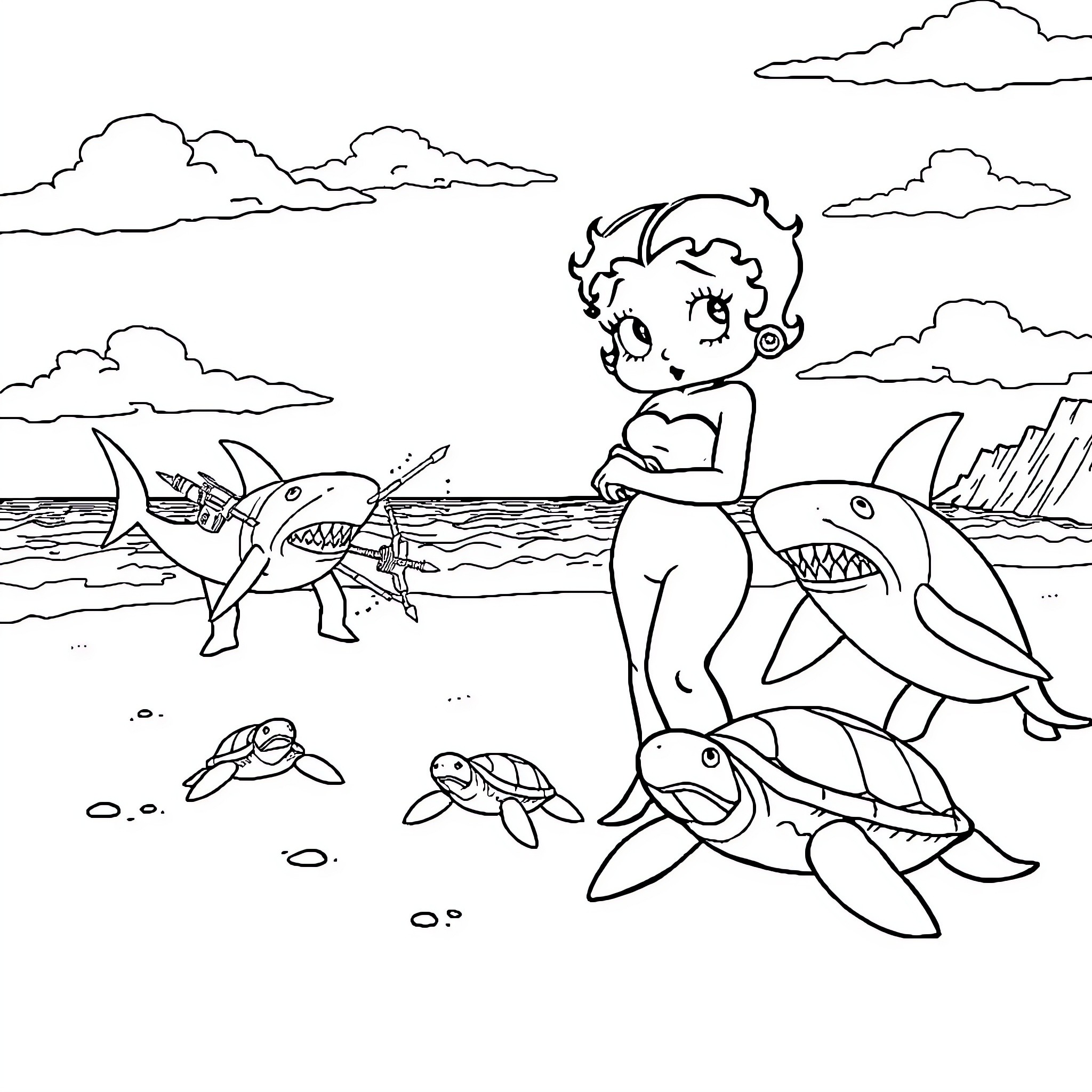 Betty Boop's Underwater Adventure with Sea Creatures Coloring Page (free black-and-white line drawing printable PDF for all, from beginners to advanced learners, including children, teens, adults, and seniors)
