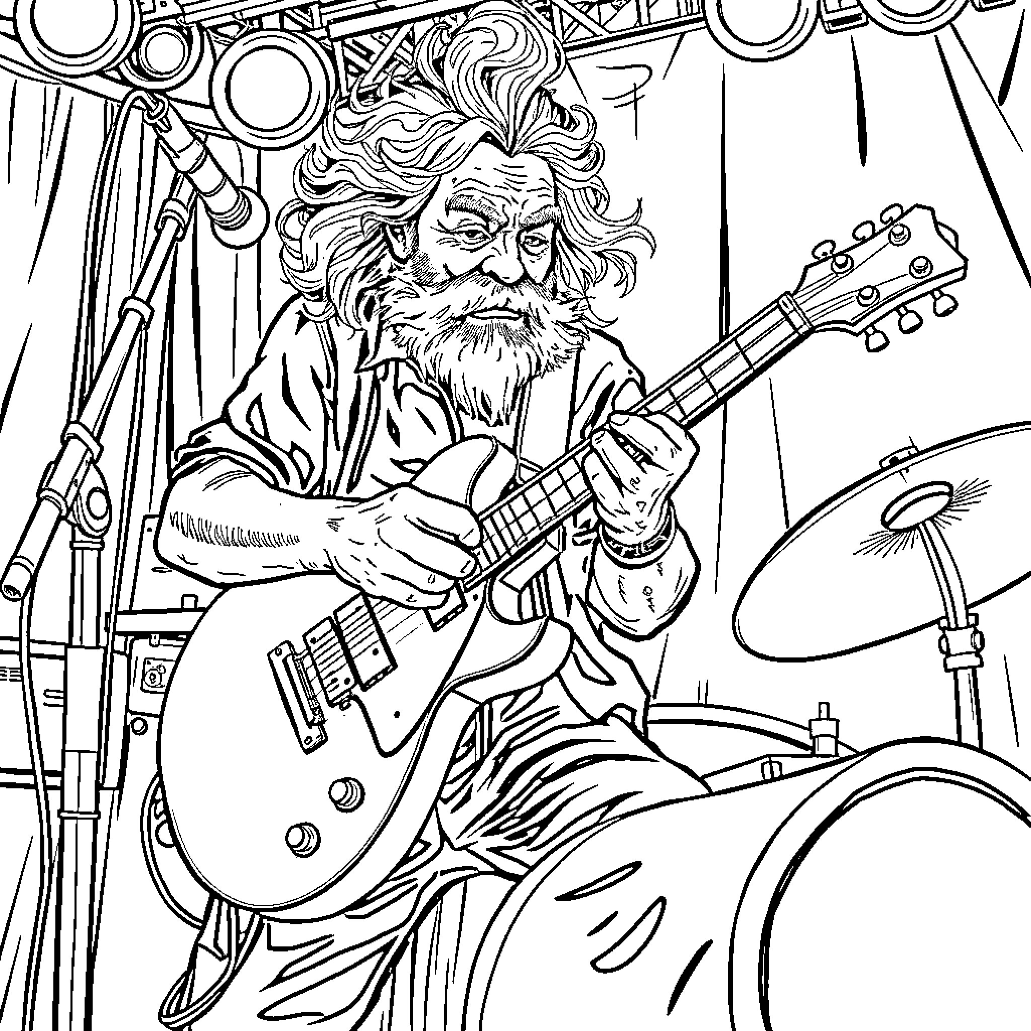 Anciano playing electric guitar on stage Coloring Page (free black-and-white line drawing printable PDF for all, from beginners to advanced learners, including children, teens, adults, and seniors)