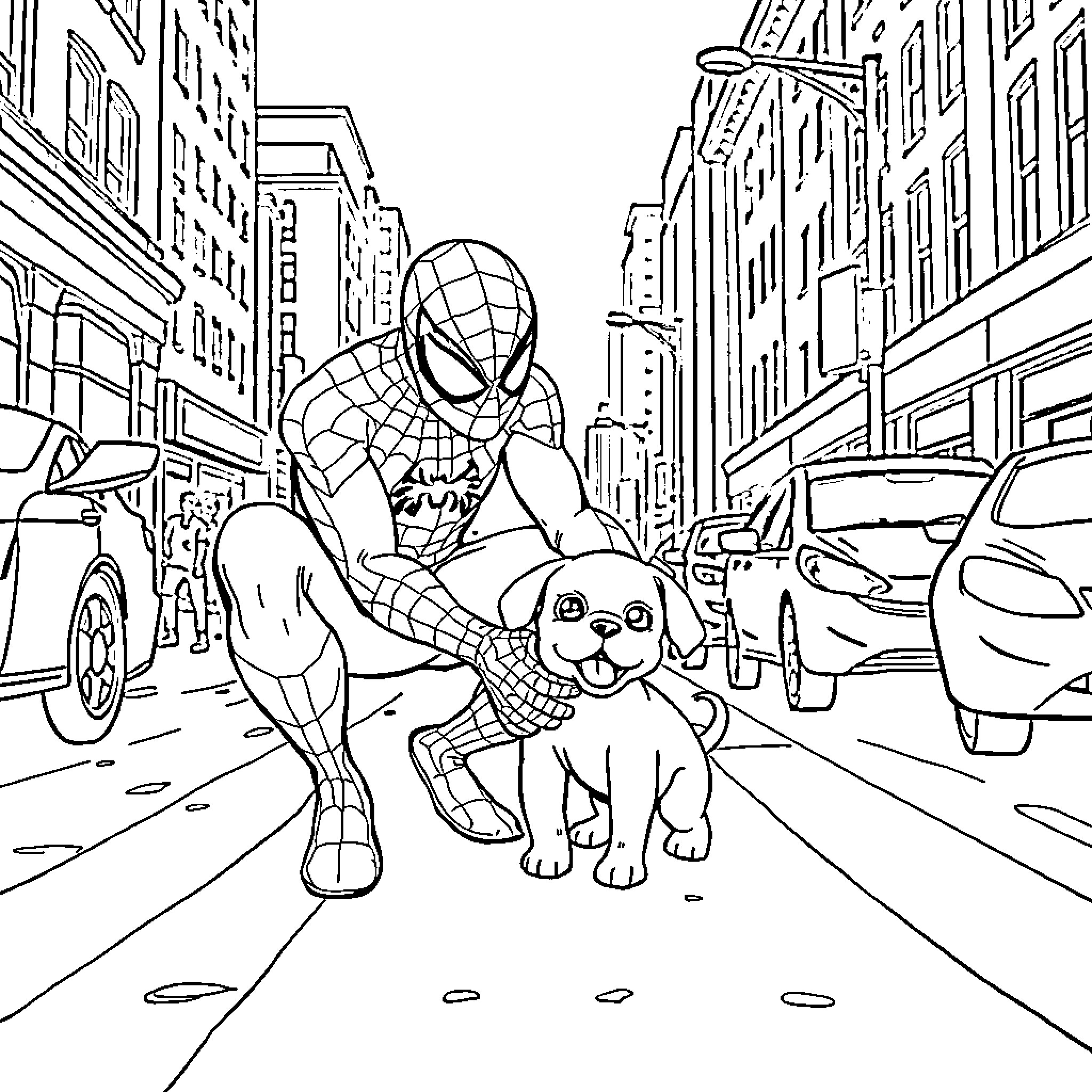 Spiderman and his friendly canine companion in the city Coloring Page (free black-and-white line drawing printable PDF for all, from beginners to advanced learners, including children, teens, adults, and seniors)