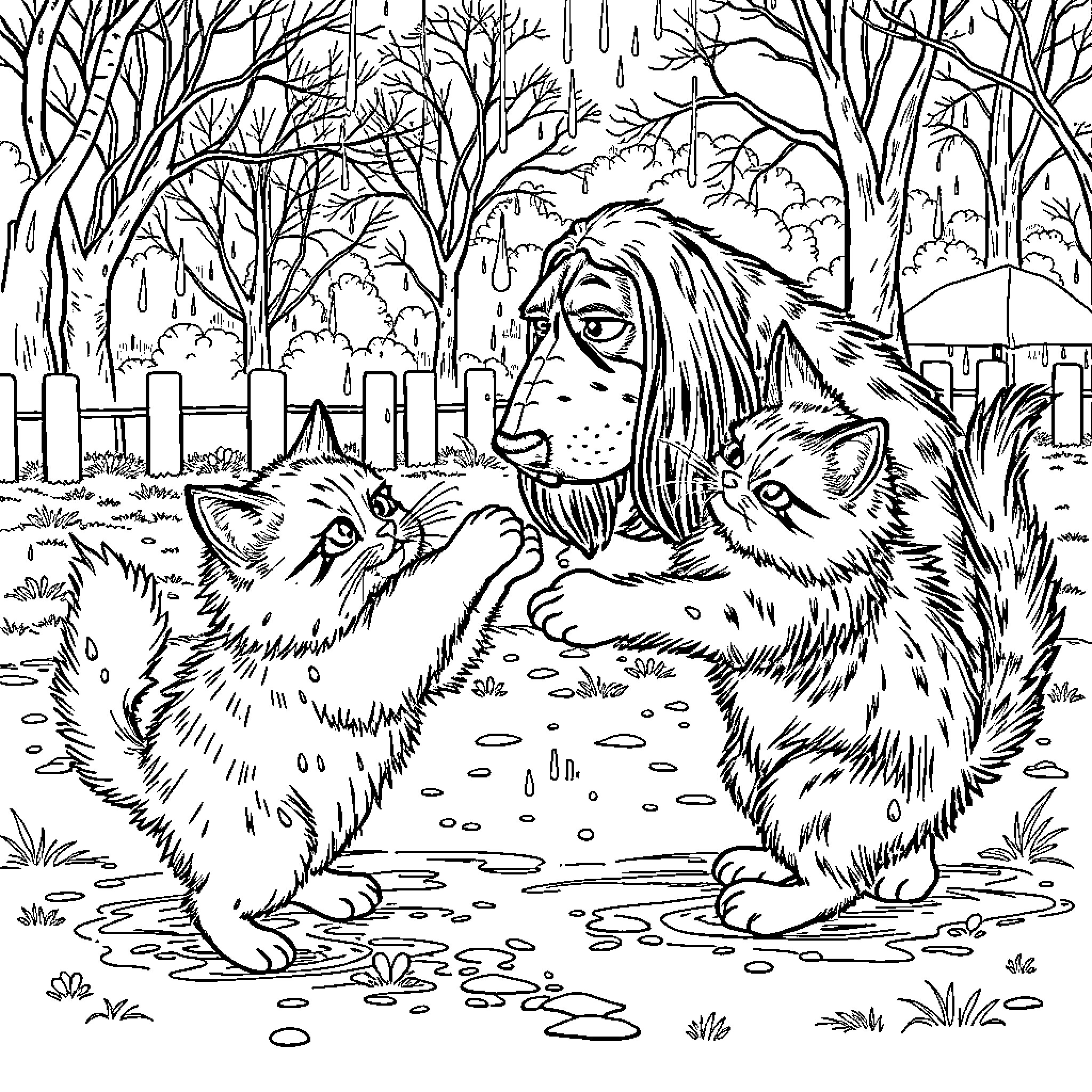 Cat Companions in the Enchanted Forest Coloring Page (free black-and-white line drawing printable PDF for all, from beginners to advanced learners, including children, teens, adults, and seniors)