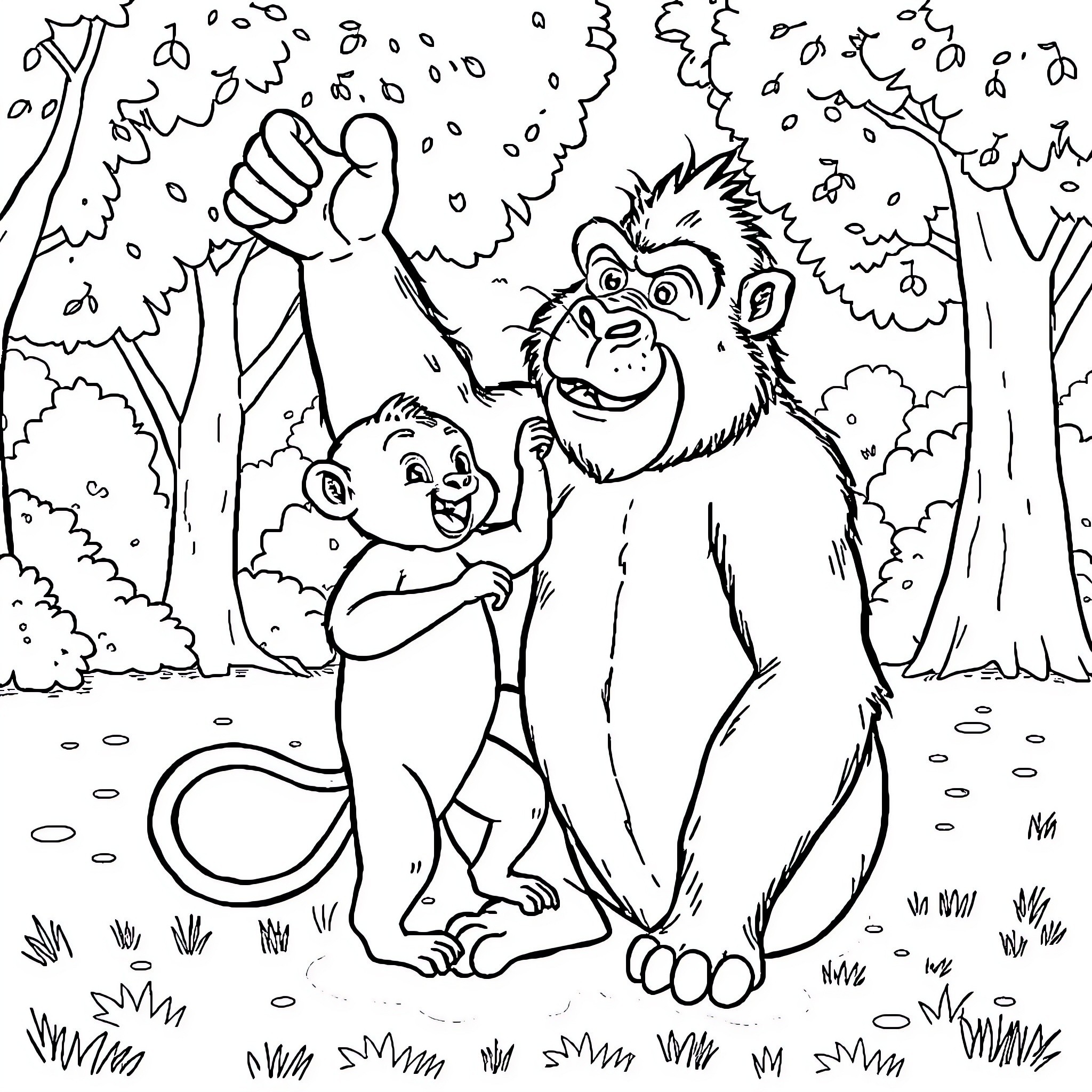 Perro monos jugando en el bosque Coloring Page (free black-and-white line drawing printable PDF for all, from beginners to advanced learners, including children, teens, adults, and seniors)