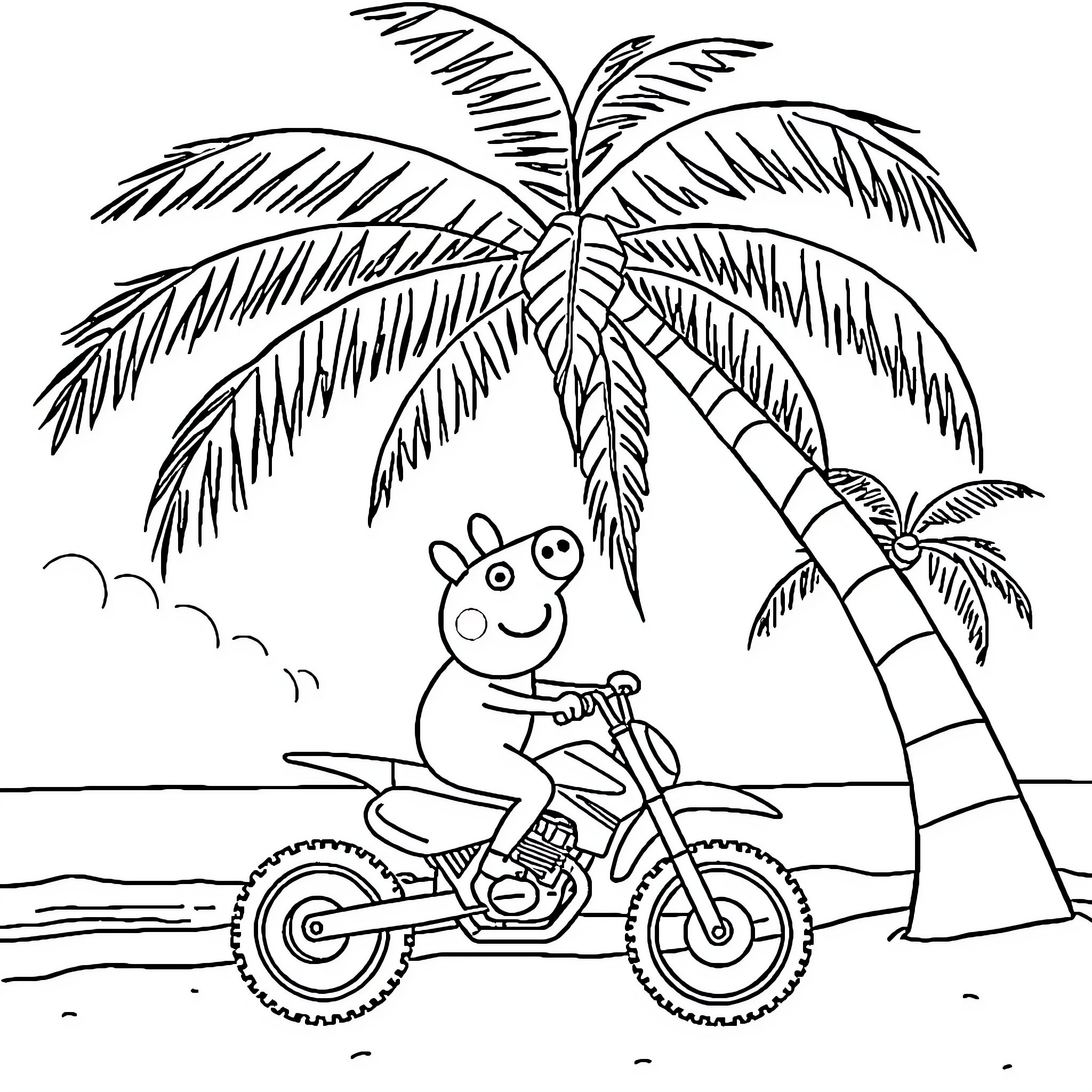 Peppa Pig riding a motorcycle on a tropical beach Coloring Page (free black-and-white line drawing printable PDF for all, from beginners to advanced learners, including children, teens, adults, and seniors)