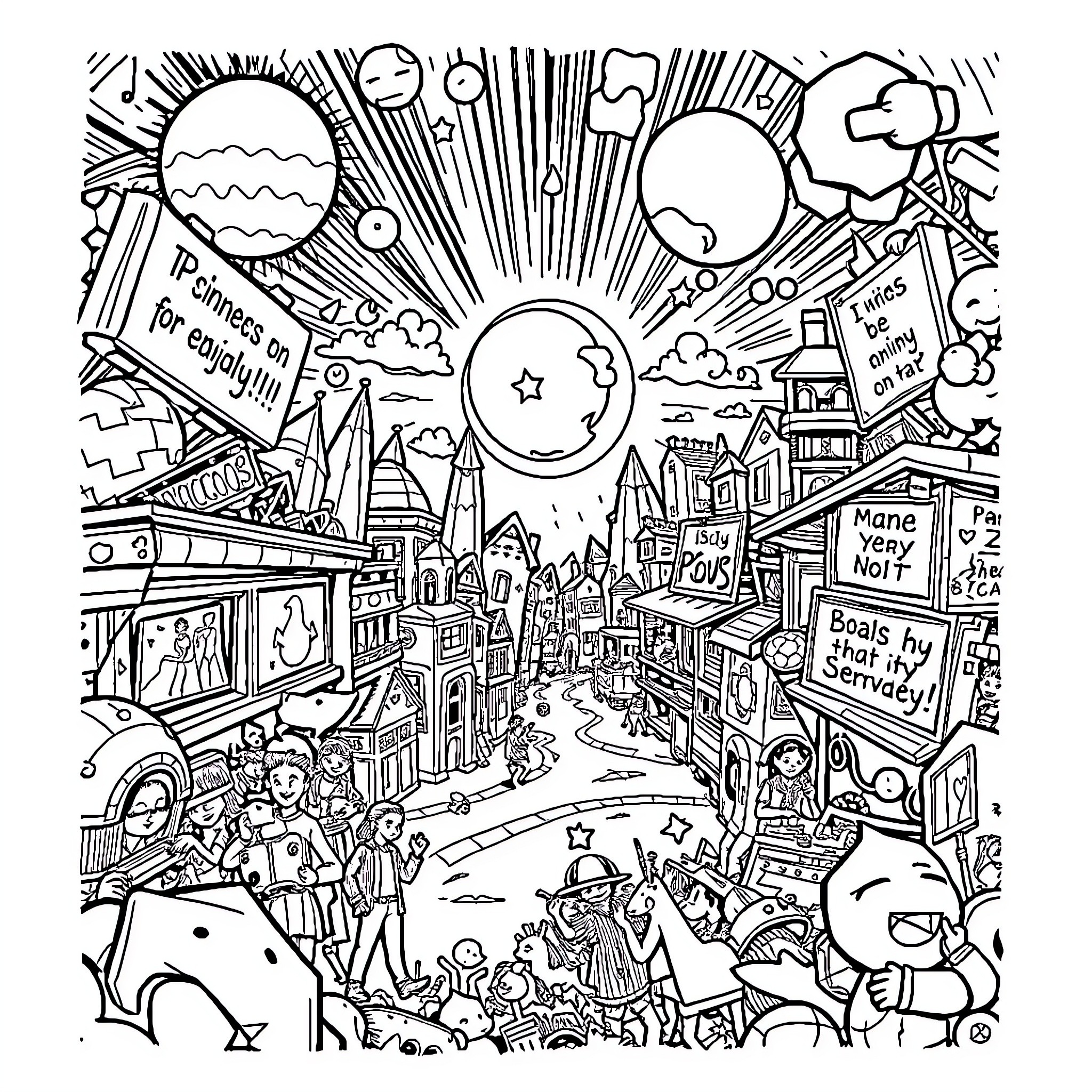 Comic depiction of a whimsical, imaginative cityscape Coloring Page (free black-and-white line drawing printable PDF for all, from beginners to advanced learners, including children, teens, adults, and seniors)