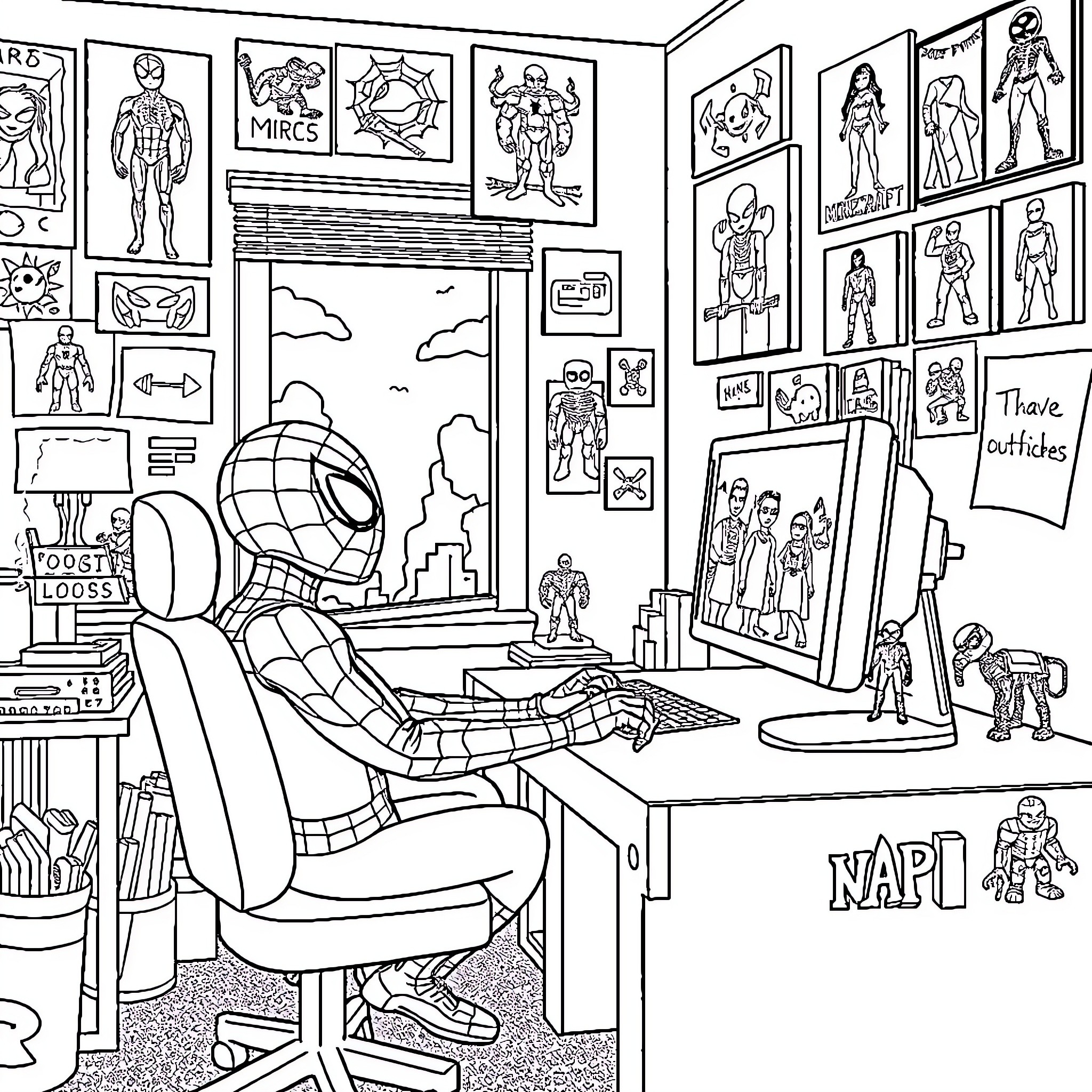 Spider-Man's Stylish Studio: Superheroes and Collectibles Galore Coloring Page (free black-and-white line drawing printable PDF for all, from beginners to advanced learners, including children, teens, adults, and seniors)