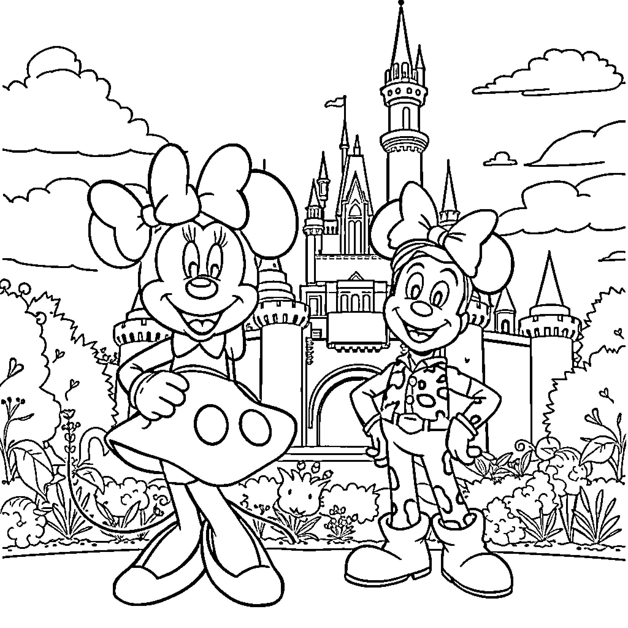 Minnie Mouse and Mickey Mouse at Disney Castle Coloring Page (free black-and-white line drawing printable PDF for all, from beginners to advanced learners, including children, teens, adults, and seniors)