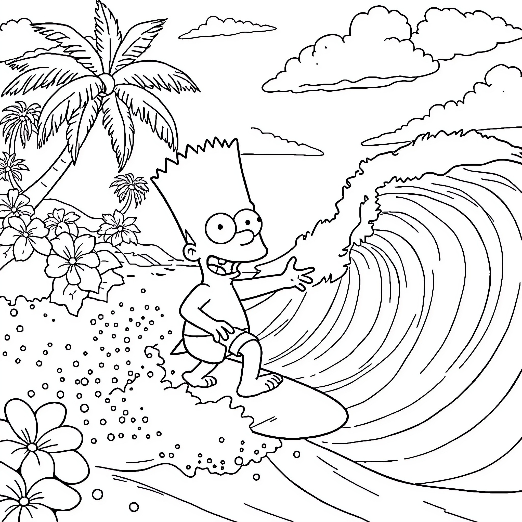 Bart Simpson surfing big waves in tropical paradise Coloring Page (free black-and-white line drawing printable PDF for all, from beginners to advanced learners, including children, teens, adults, and seniors)