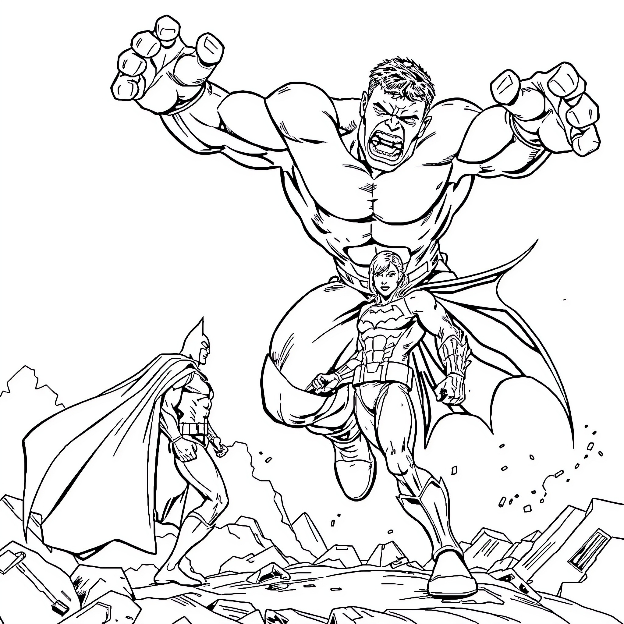 Hulk battling fiercely against his opponent Coloring Page (free black-and-white line drawing printable PDF for all, from beginners to advanced learners, including children, teens, adults, and seniors)