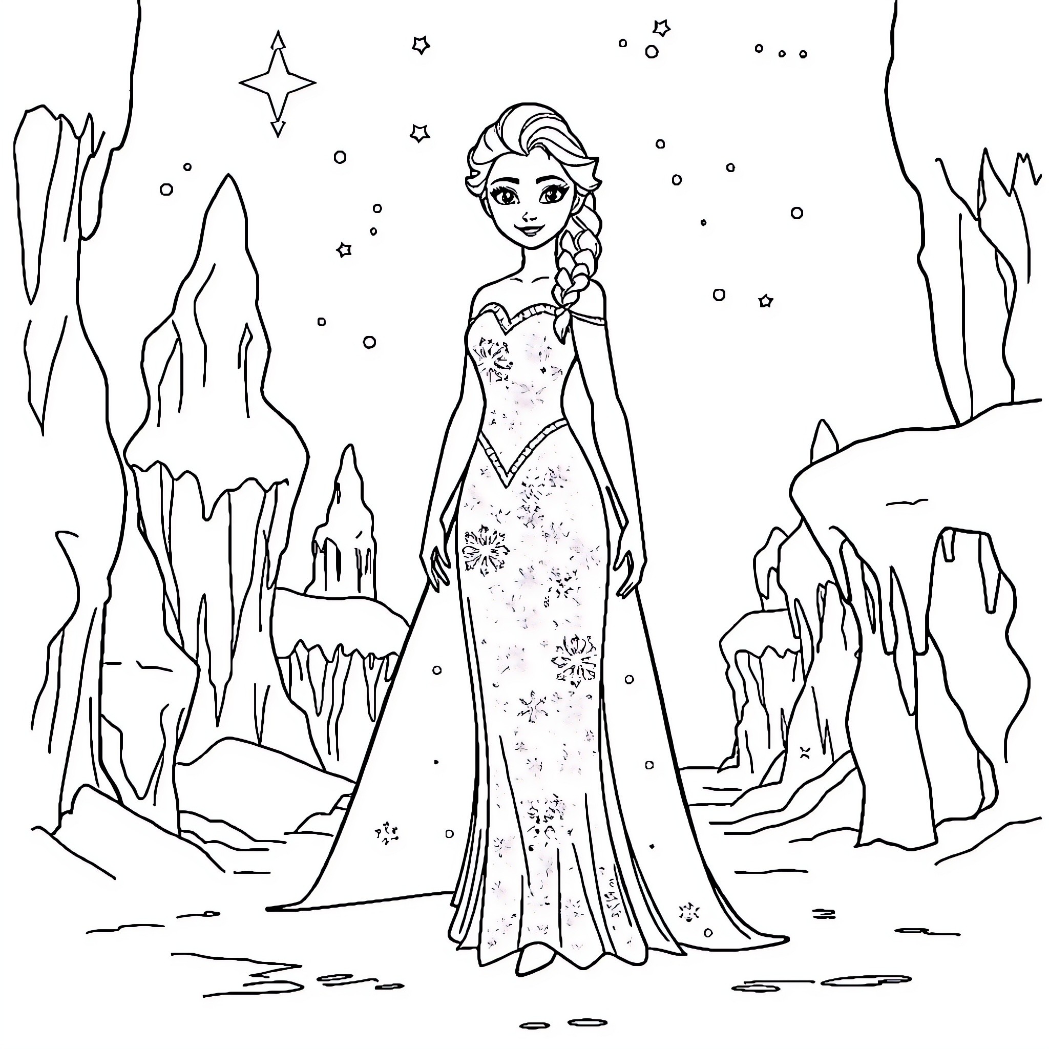 Elsa in her enchanting winter wonderland Coloring Page (free black-and-white line drawing printable PDF for all, from beginners to advanced learners, including children, teens, adults, and seniors)