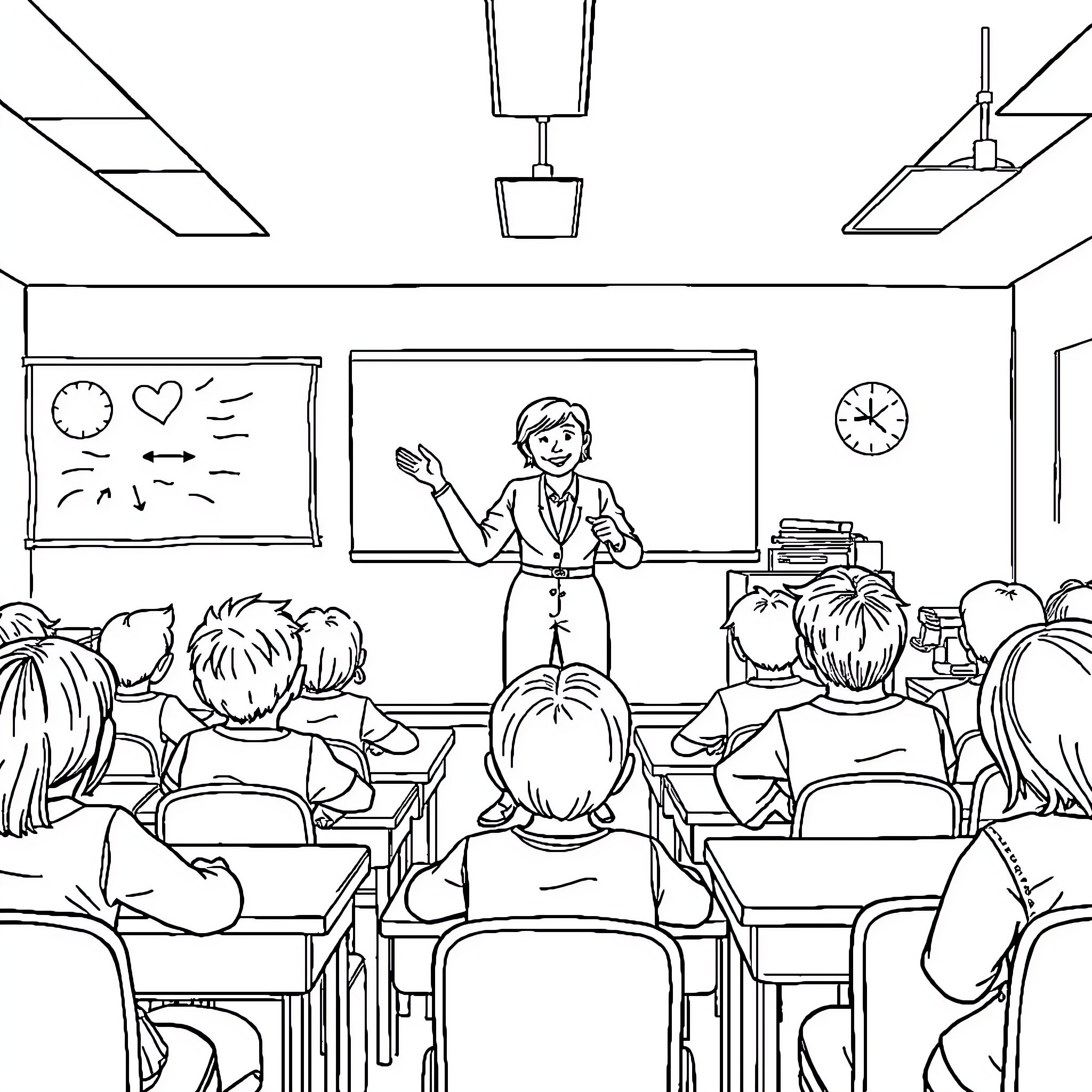 Teacher instructing students in classroom Coloring Page (free black-and-white line drawing printable PDF for all, from beginners to advanced learners, including children, teens, adults, and seniors)