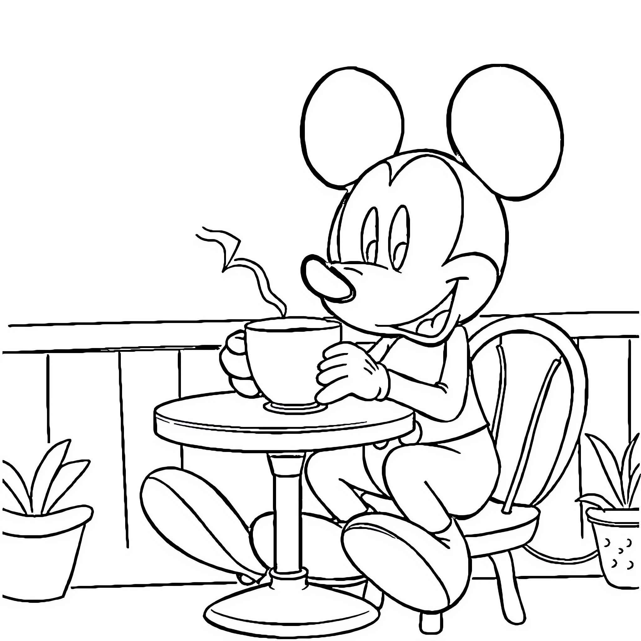 Mickey Mouse enjoying a cup of coffee on the patio Coloring Page (free black-and-white line drawing printable PDF for all, from beginners to advanced learners, including children, teens, adults, and seniors)