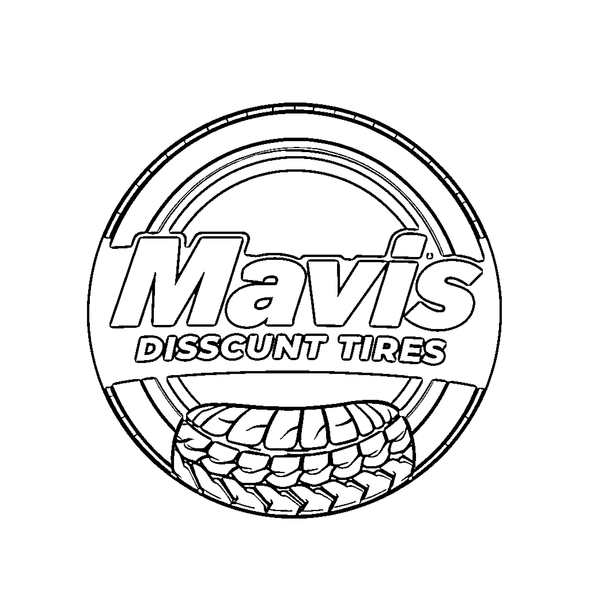Mavis Discount Tires logo with tire design Coloring Page (free black-and-white line drawing printable PDF for all, from beginners to advanced learners, including children, teens, adults, and seniors)