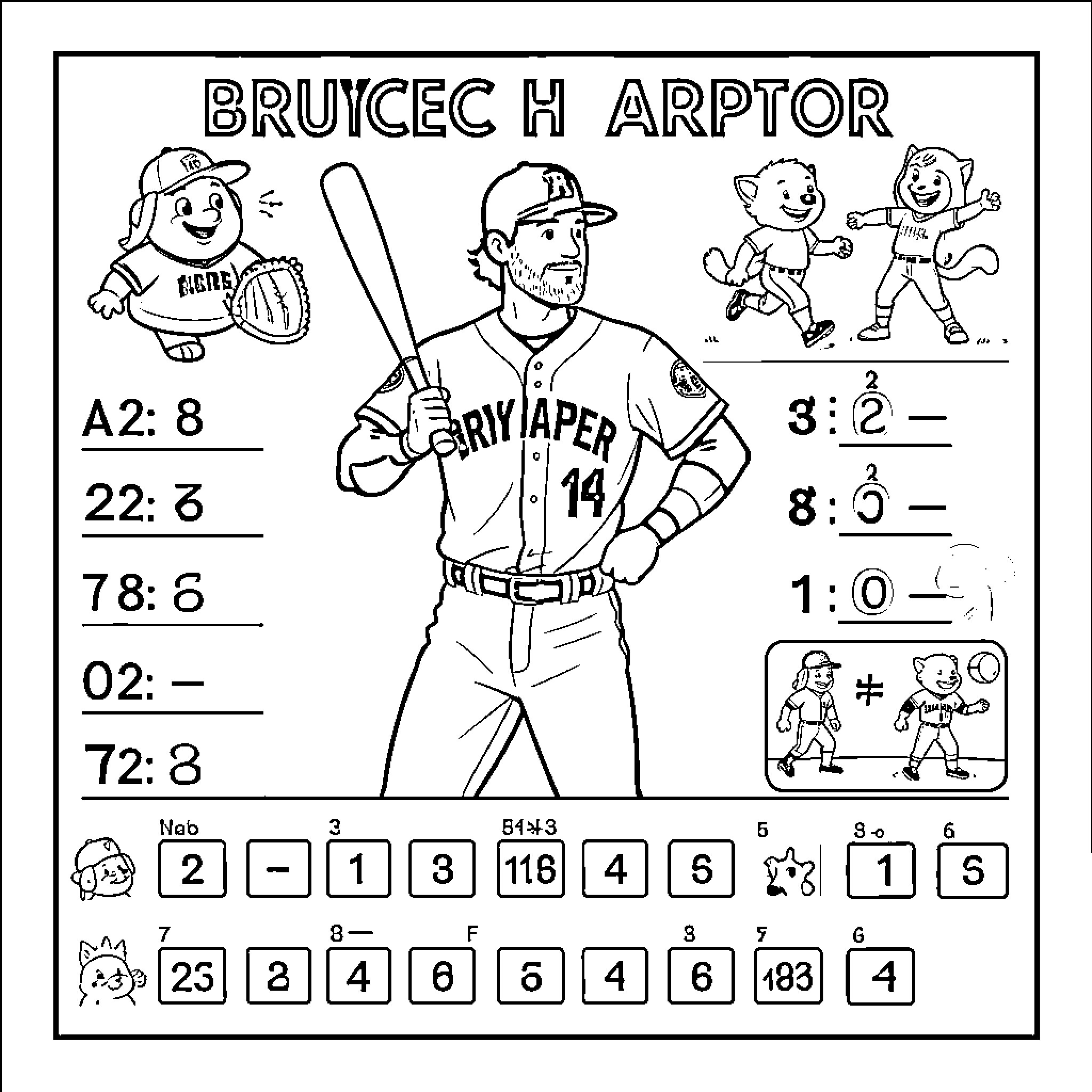 Bryce Harper playing baseball with cartoon characters Coloring Page (free black-and-white line drawing printable PDF for all, from beginners to advanced learners, including children, teens, adults, and seniors)