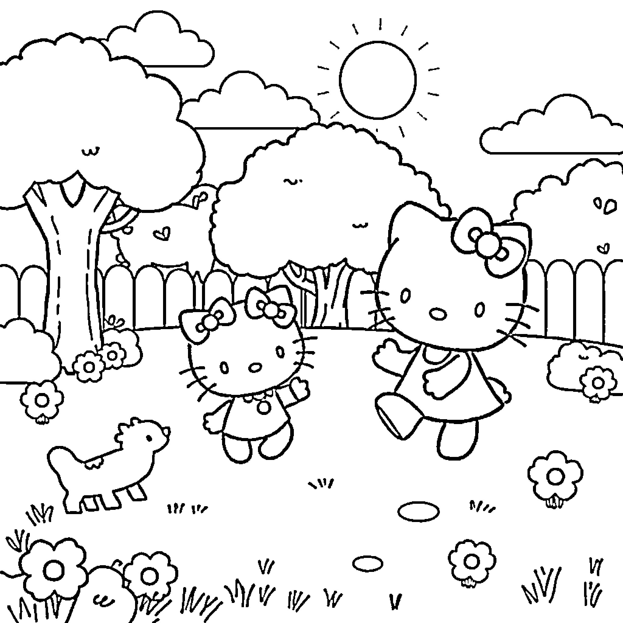 Hello Kitty playing in the park with friends Coloring Page (free black-and-white line drawing printable PDF for all, from beginners to advanced learners, including children, teens, adults, and seniors)