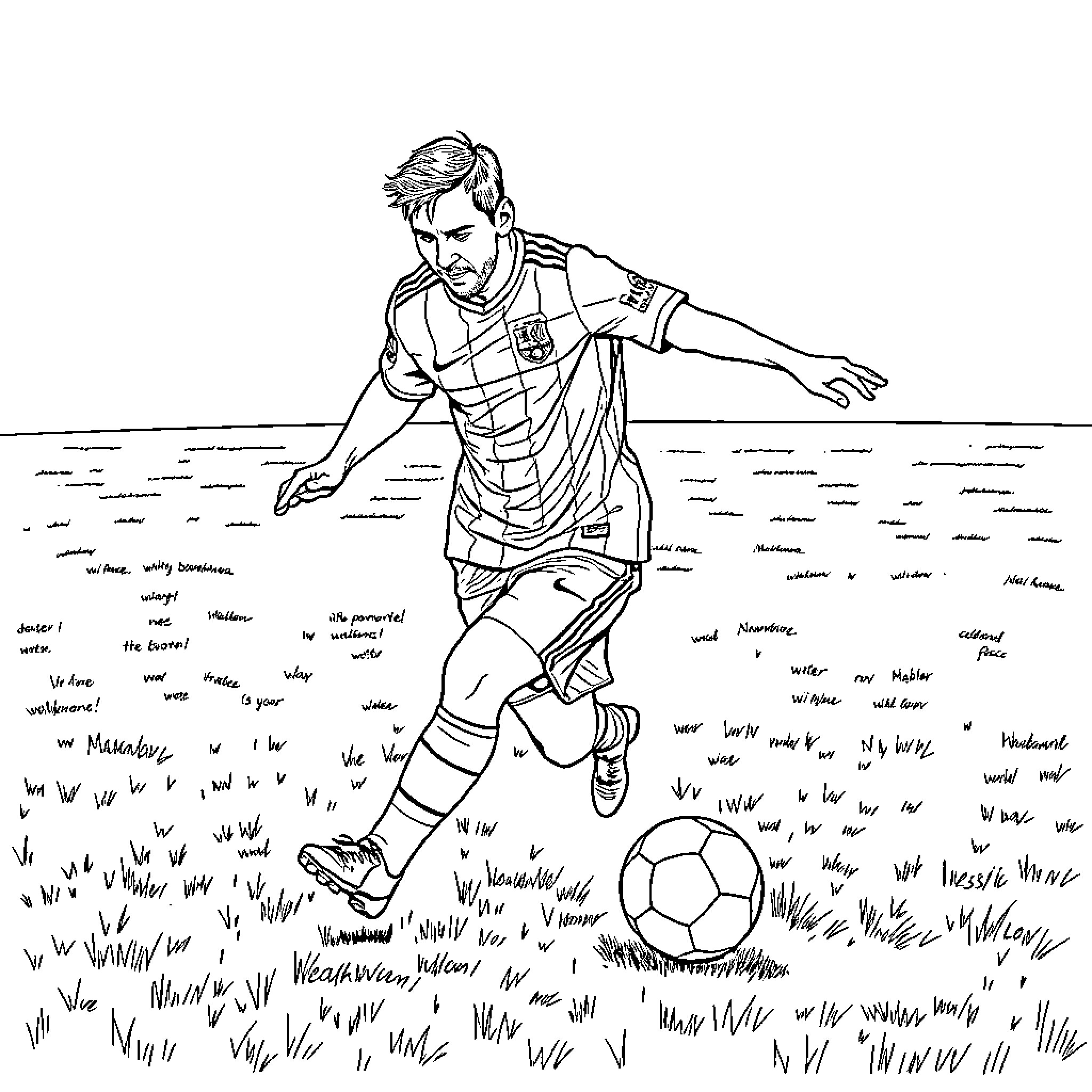 Messi dribbling with the ball on the field Coloring Page (free black-and-white line drawing printable PDF for all, from beginners to advanced learners, including children, teens, adults, and seniors)