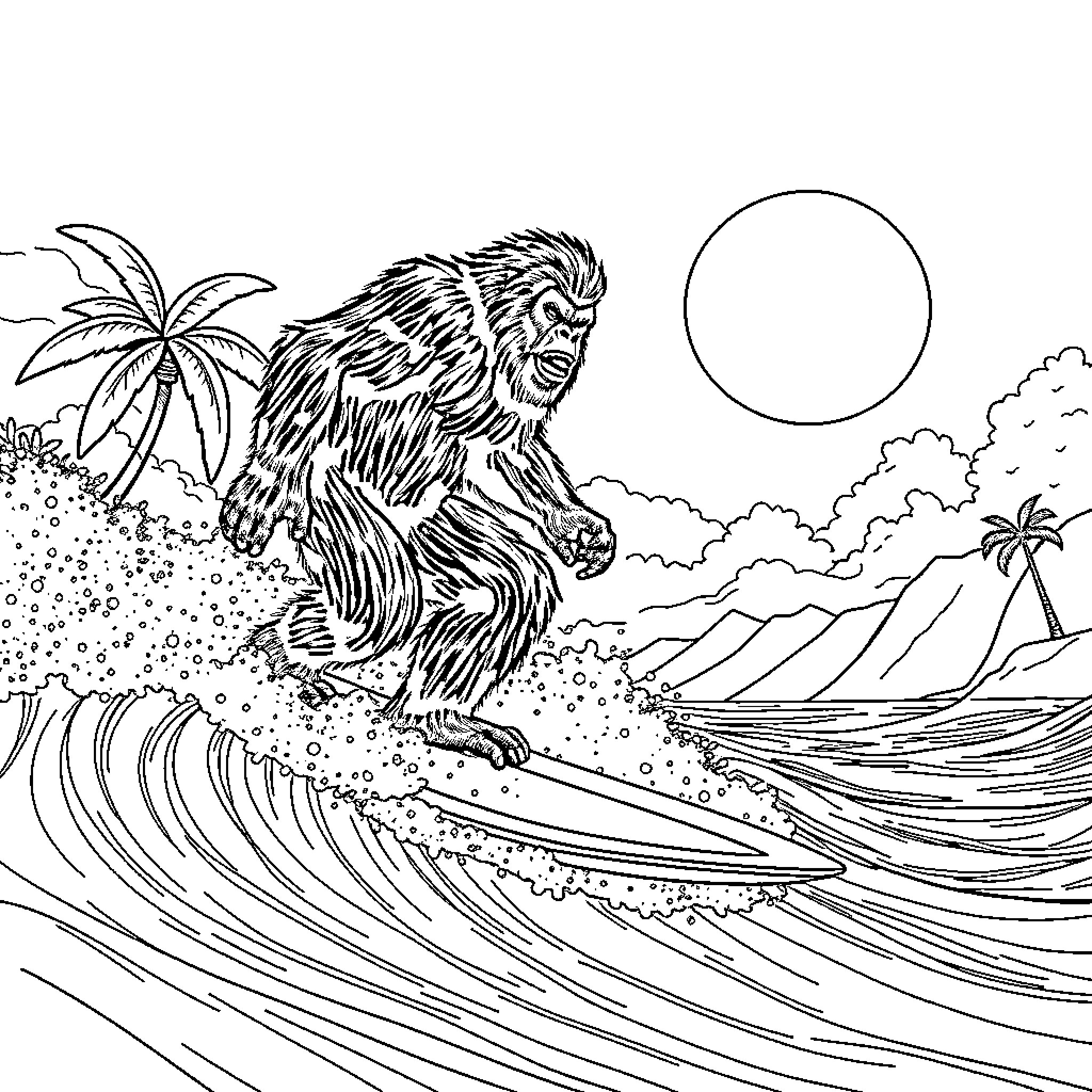 Bigfoot surfing in the tropical paradise Coloring Page (free black-and-white line drawing printable PDF for all, from beginners to advanced learners, including children, teens, adults, and seniors)