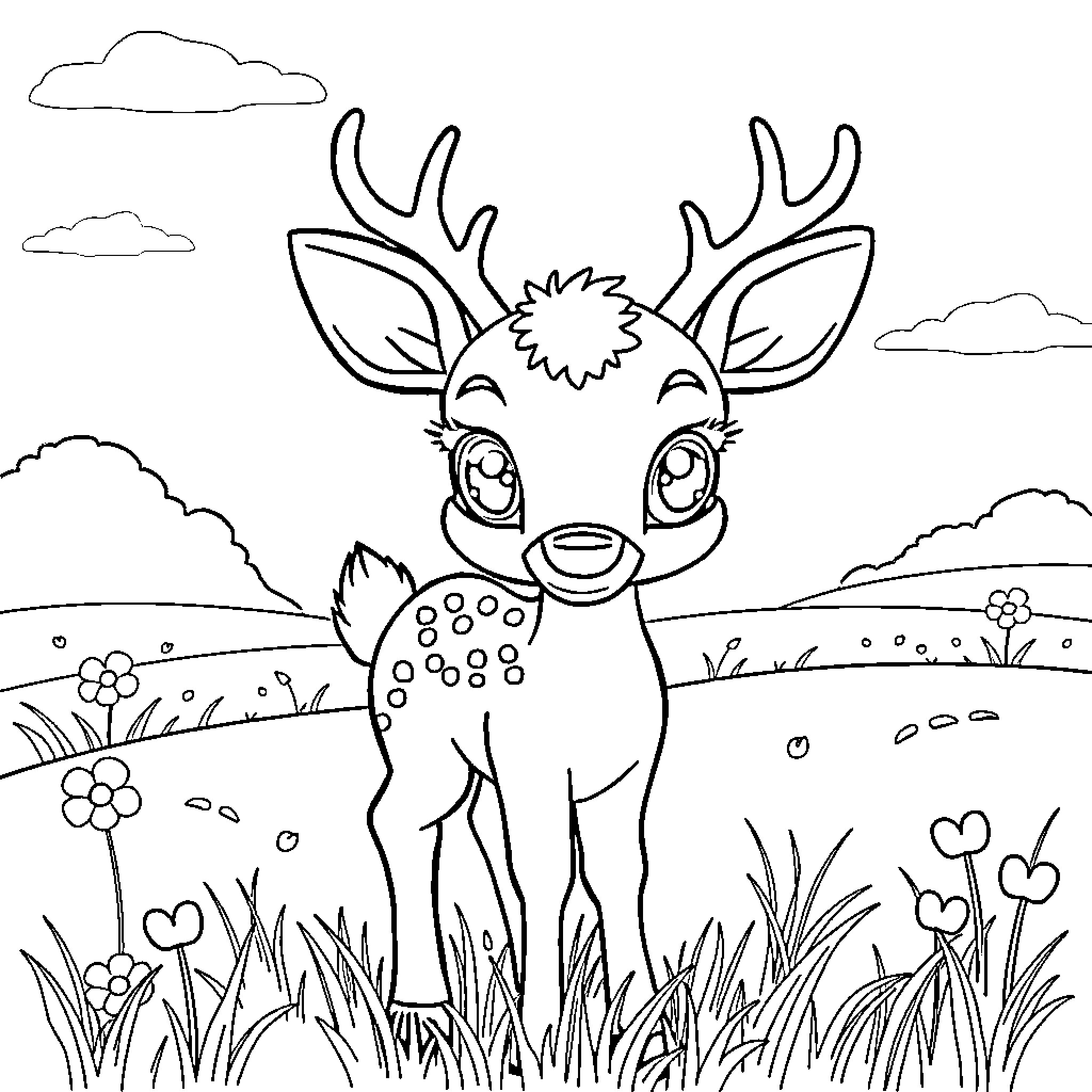 Deer enjoying nature's beauty Coloring Page (free black-and-white line drawing printable PDF for all, from beginners to advanced learners, including children, teens, adults, and seniors)