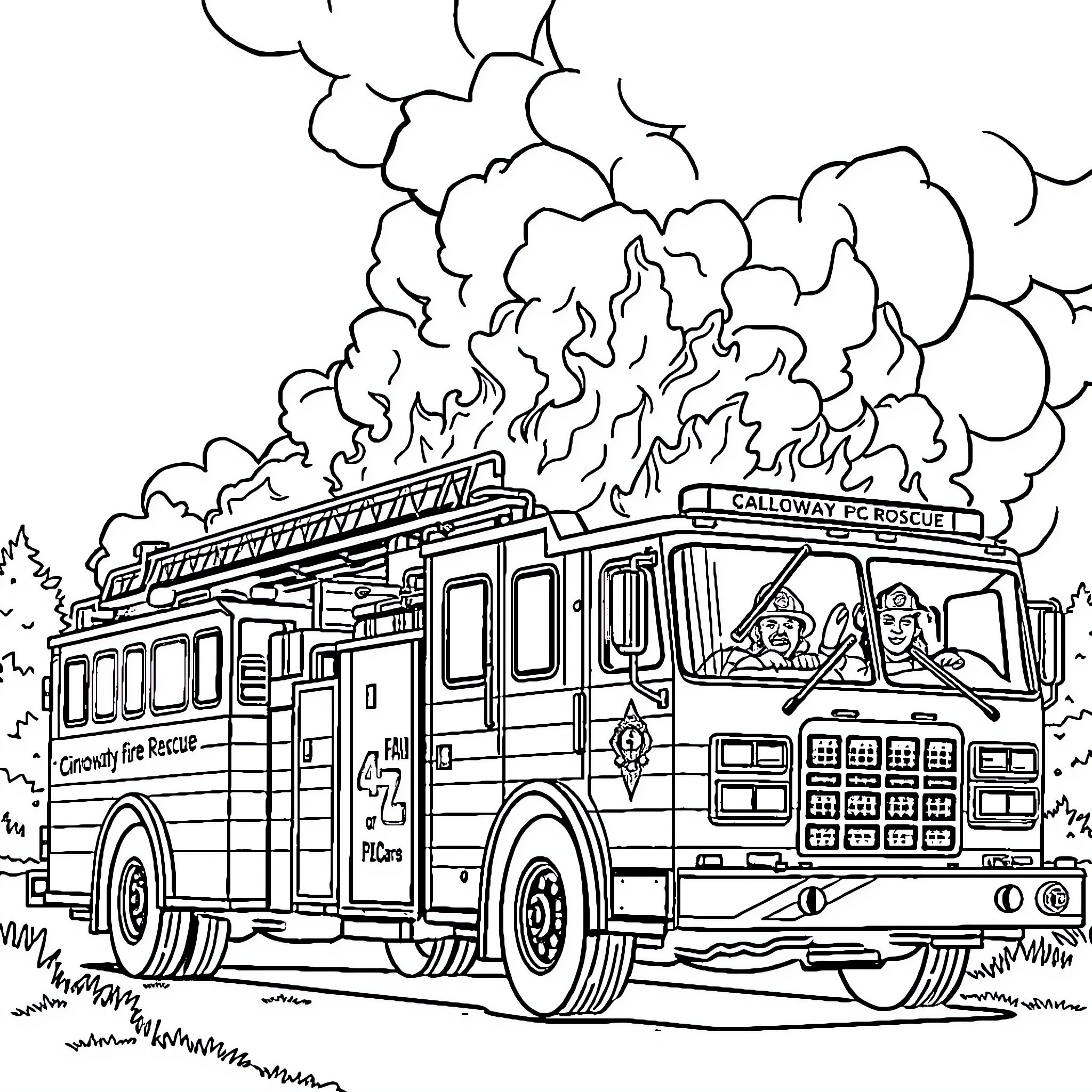 Firetruck rushing to emergency scene with firefighters Coloring Page (free black-and-white line drawing printable PDF for all, from beginners to advanced learners, including children, teens, adults, and seniors)