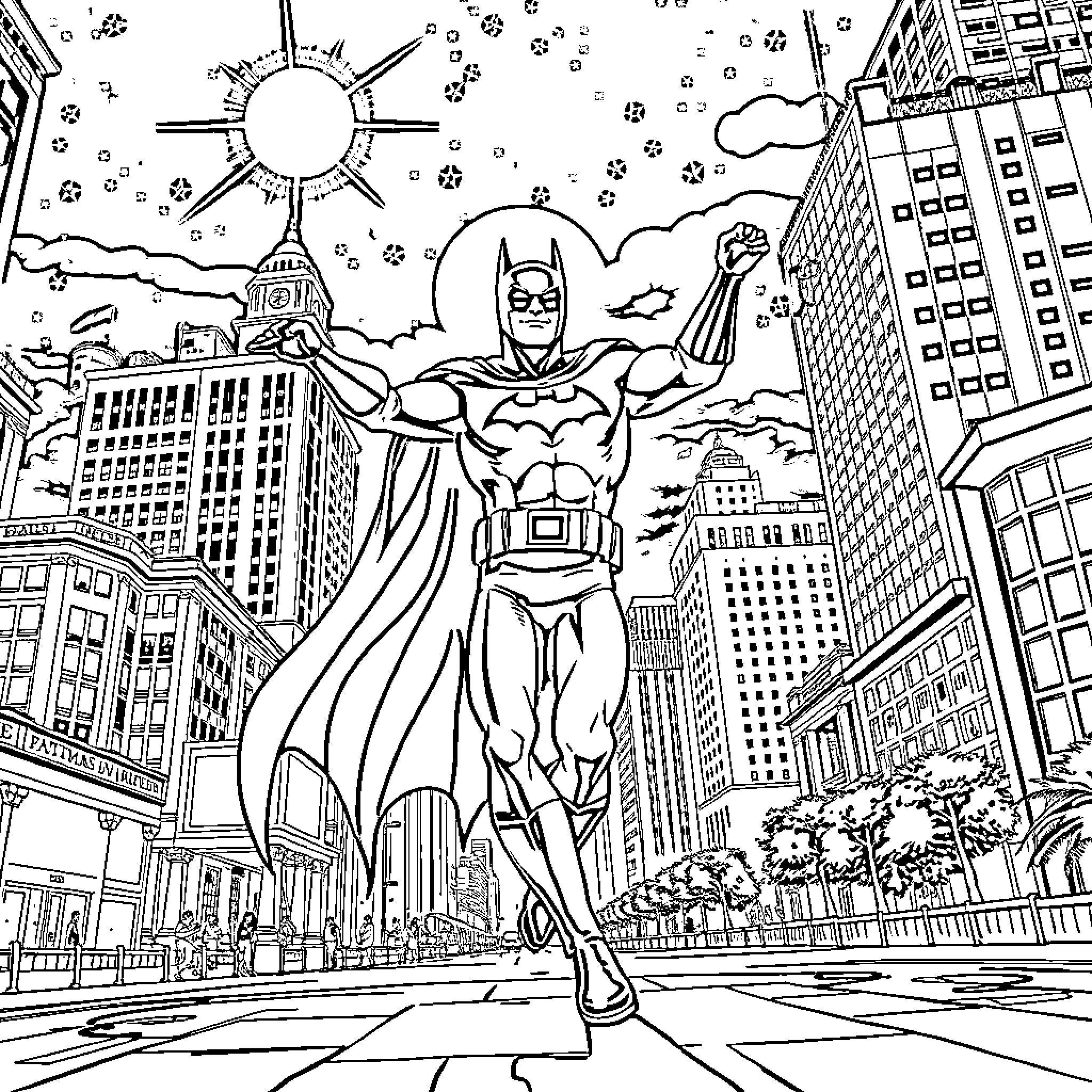 Batman soars over the city skyline Coloring Page (free black-and-white line drawing printable PDF for all, from beginners to advanced learners, including children, teens, adults, and seniors)