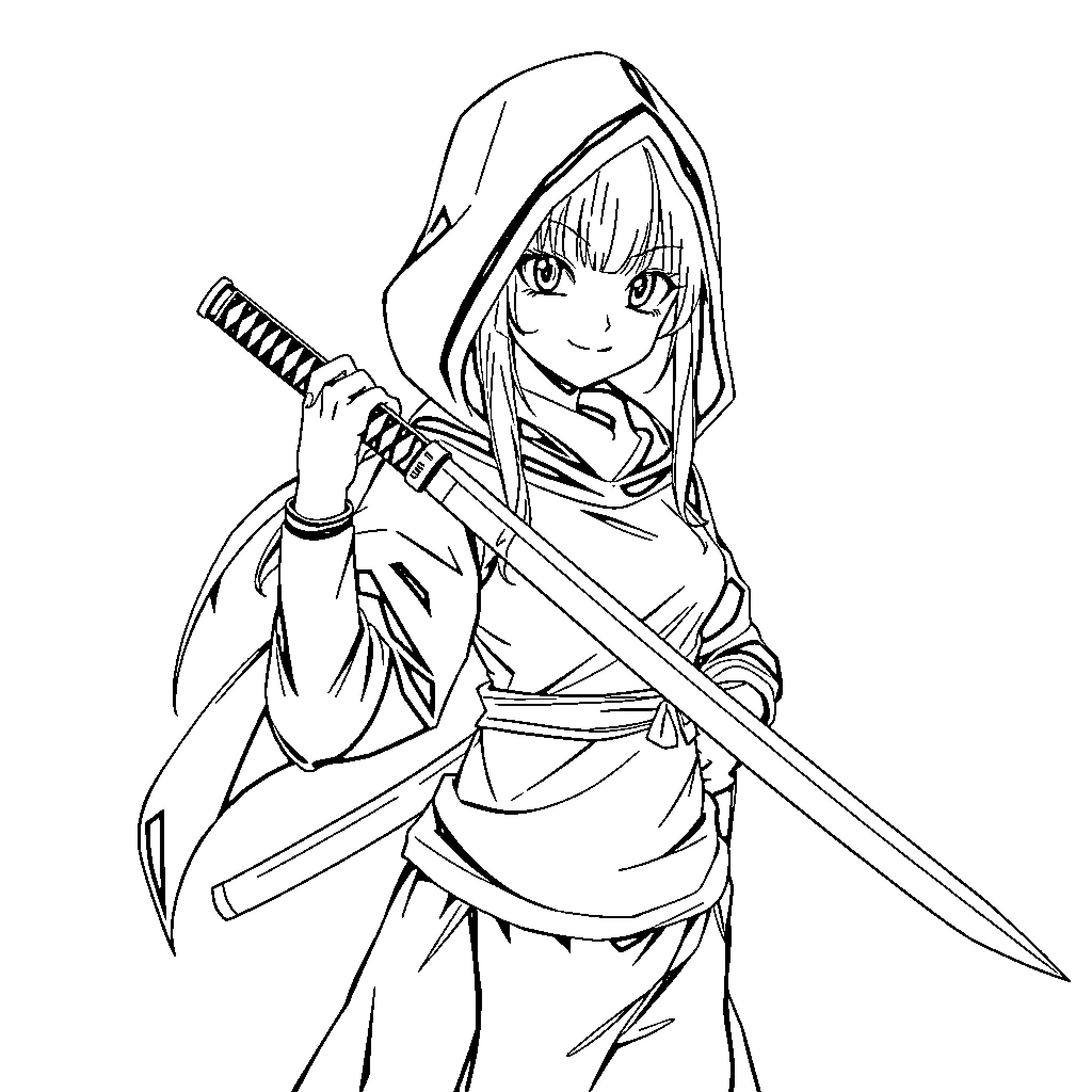 Kuromi wielding a sword with determination Coloring Page (free black-and-white line drawing printable PDF for all, from beginners to advanced learners, including children, teens, adults, and seniors)