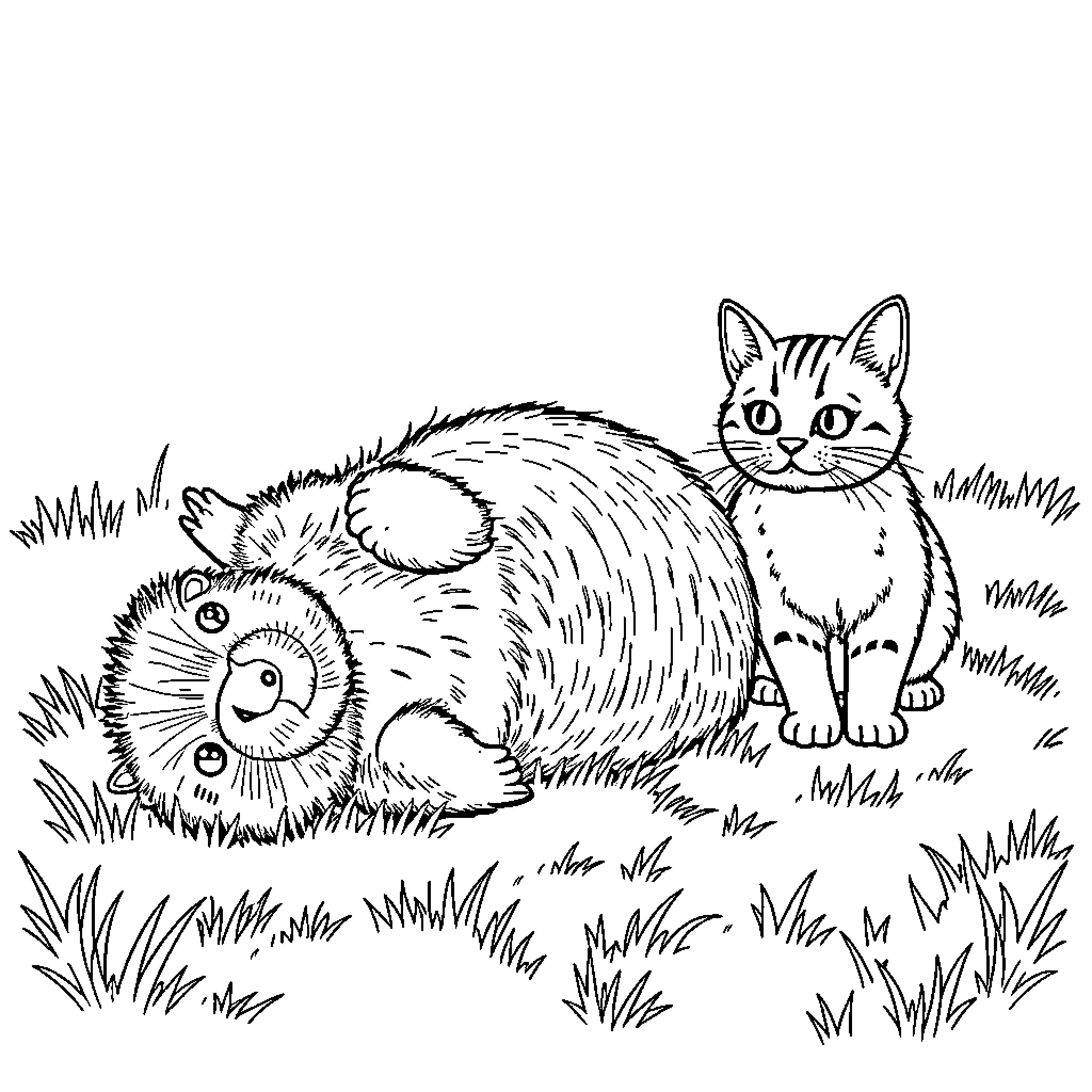 Capybara and Kittens Playing in the Grass Coloring Page (free black-and-white line drawing printable PDF for all, from beginners to advanced learners, including children, teens, adults, and seniors)